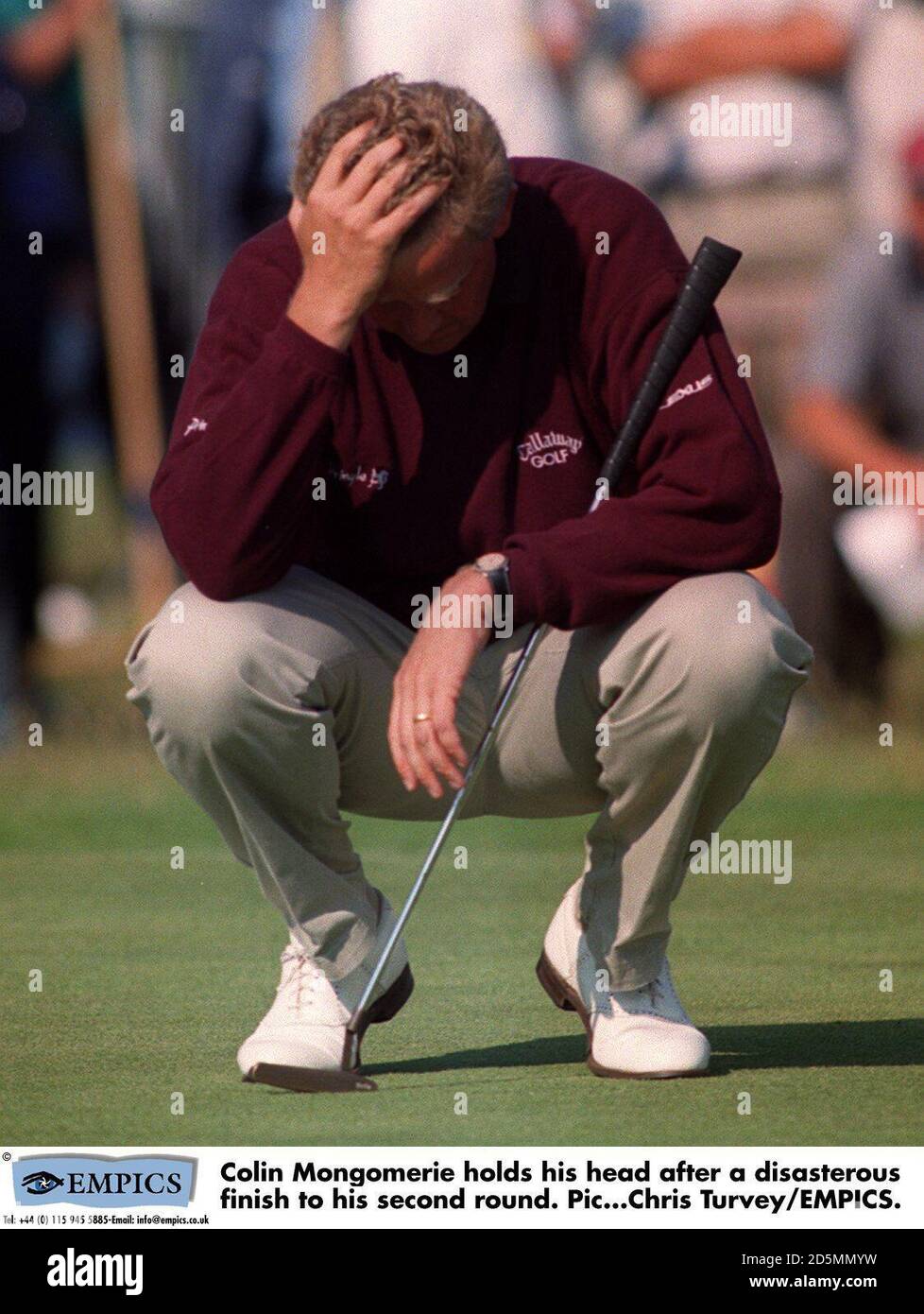 Colin Montgomerie holds his head after a disasterous finish to his second round.  Stock Photo