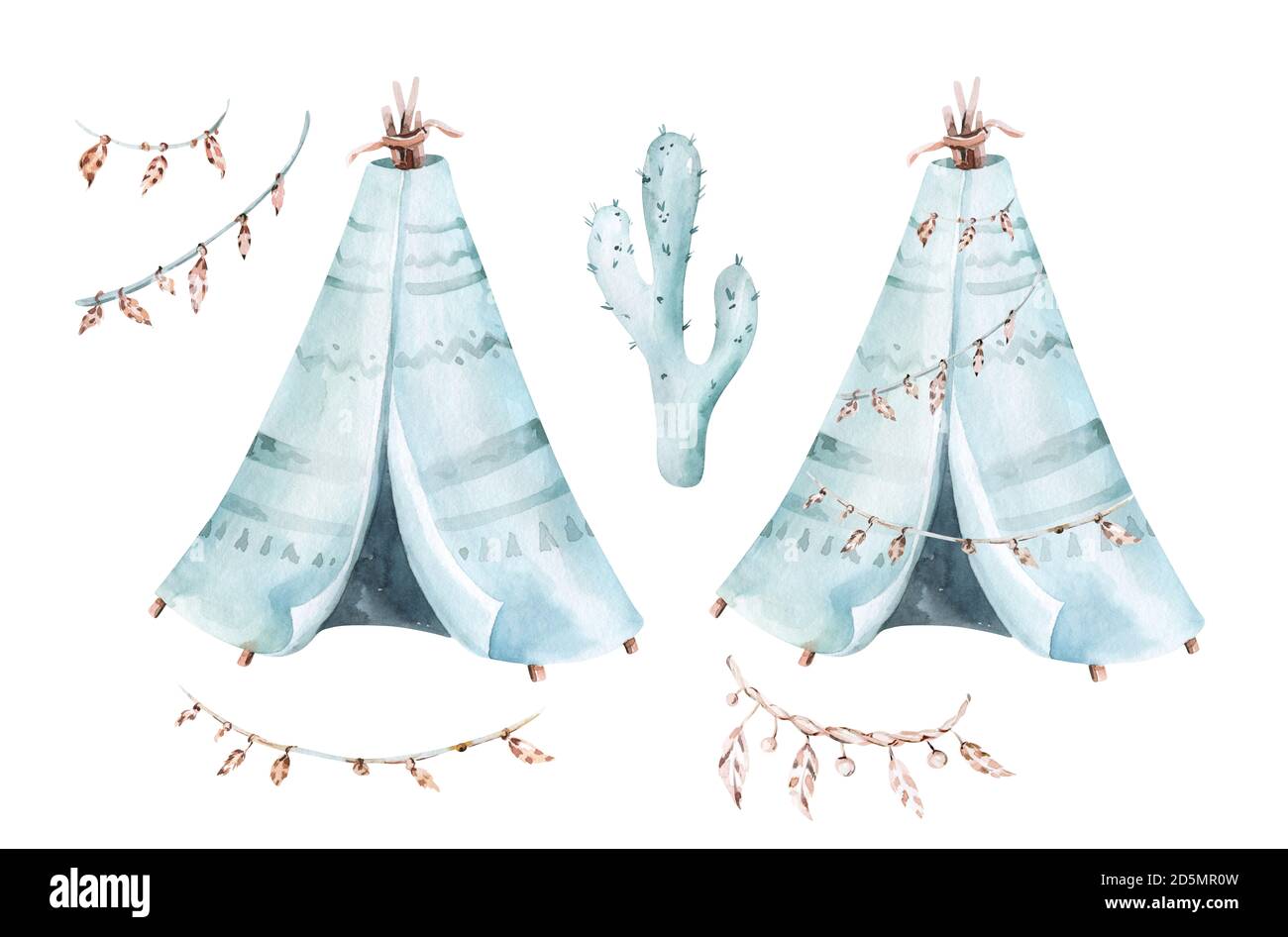 Watercolor set with mexican ethnic elements: cactus ,teepee and traditional wigwam, Boho party invitation. Baby boy baby shower. Wild west Stock Photo
