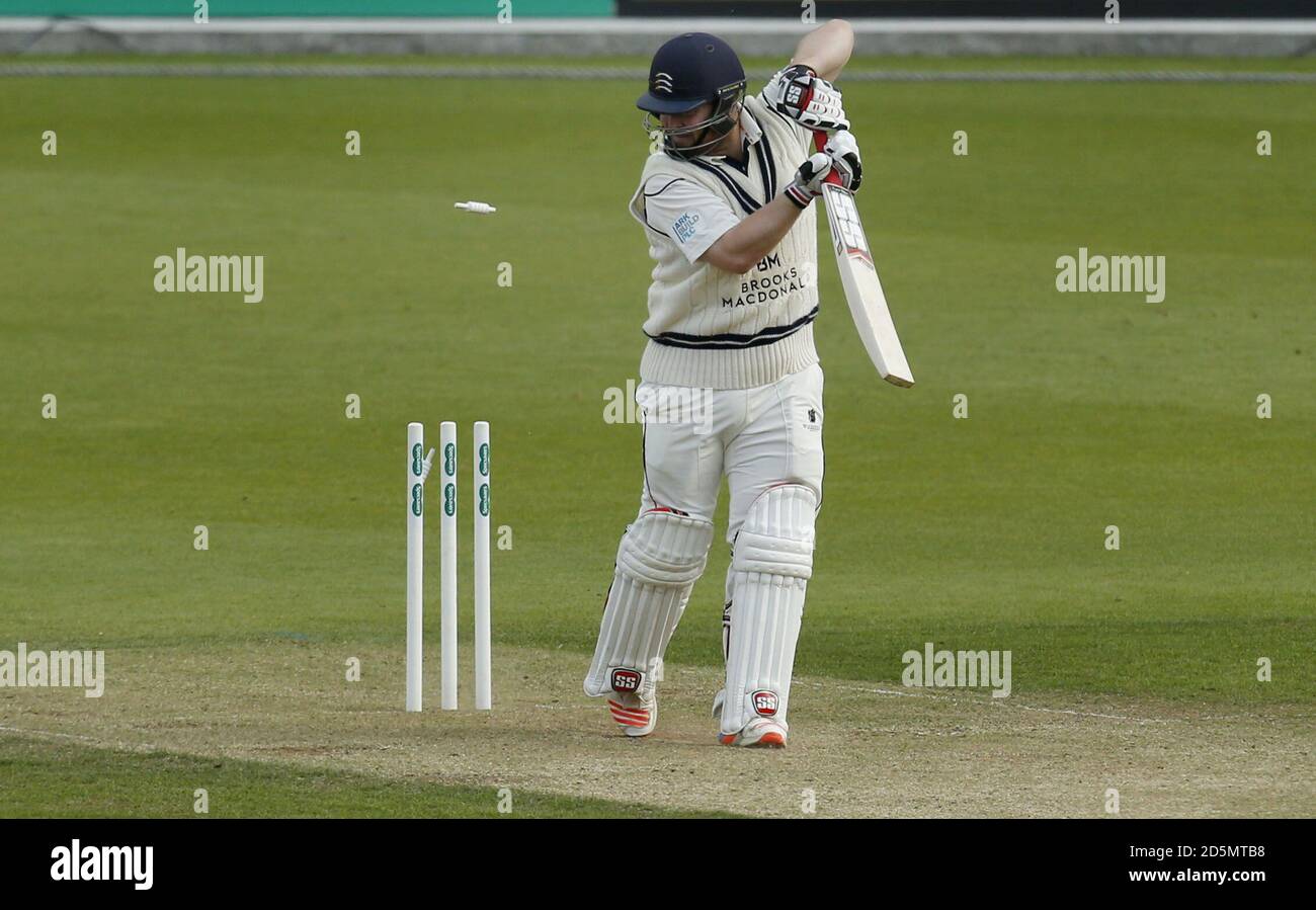 Surrey's Tom Curran takes the wickey of Middlesex's Paul Stirling Stock Photo