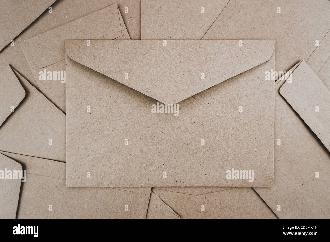 Top view of Brown paper envelope. Flat lay of Many brown paper