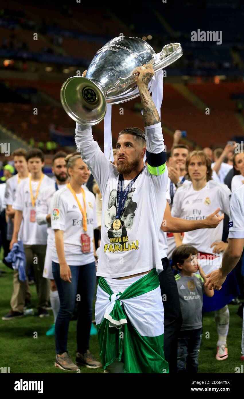 Real Madrid's Sergio Ramos celebrates with the trophy Stock Photo