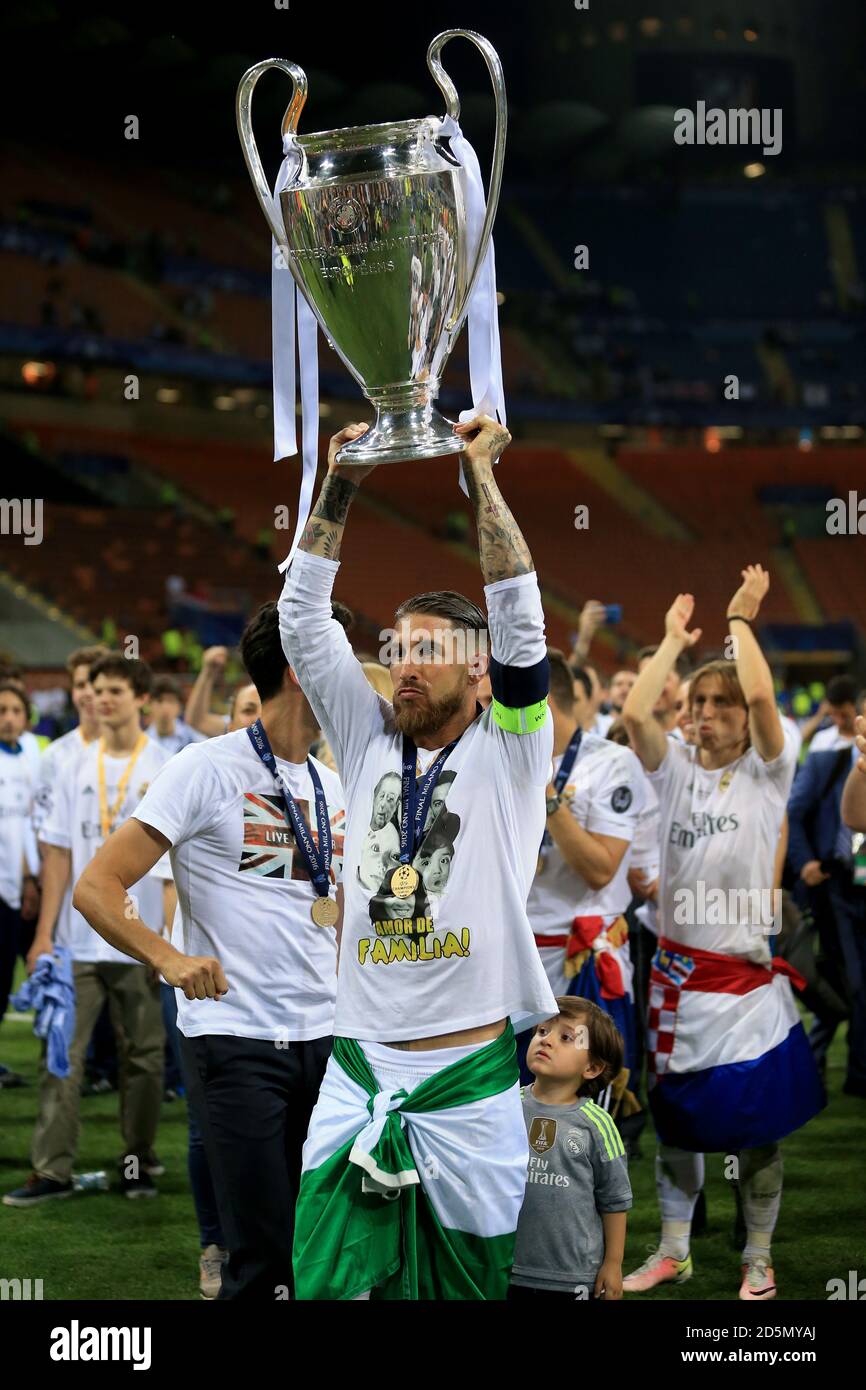 Real Madrid's Sergio Ramos celebrates with the trophy Stock Photo