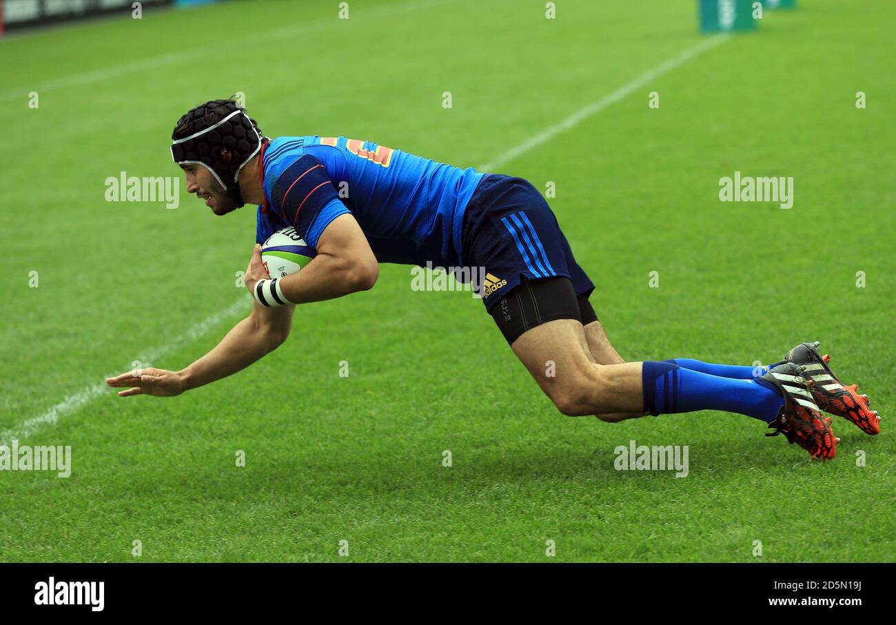 France's Romain Buros scores his sides sixth try during the Under 20's Rugby Union World Cup match at the AJ Bell Stadium, Salford. Stock Photo
