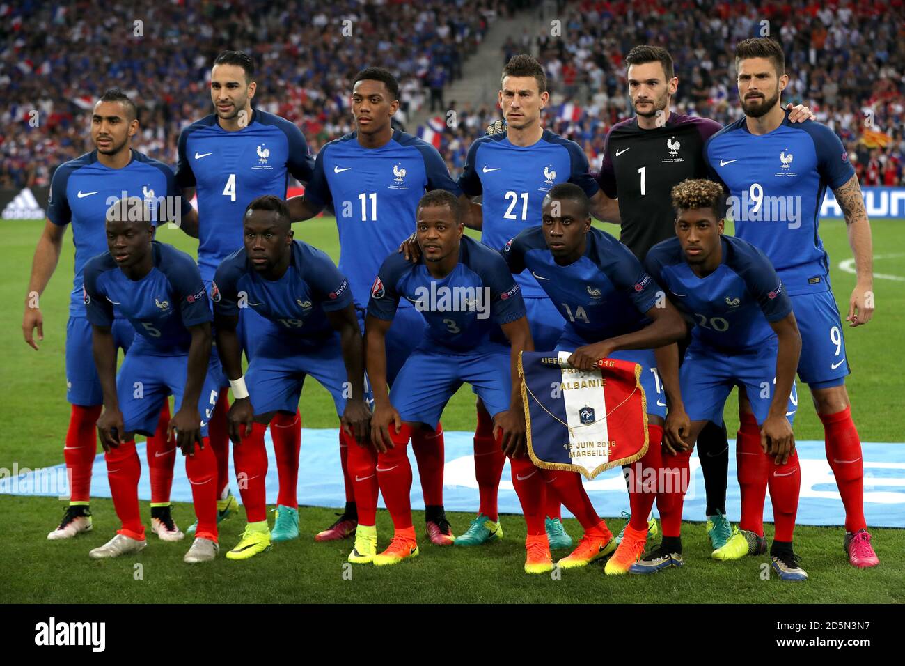France team group. (Top L - R) France's Dimitri Payet, Adil Rami, Anthony  Martial, Laurent Koscielny, Hugo Lloris and Oliver Giroud. (Bottom row L -  R) France's N'Golo Kante, Bacary Sagna, Patrice