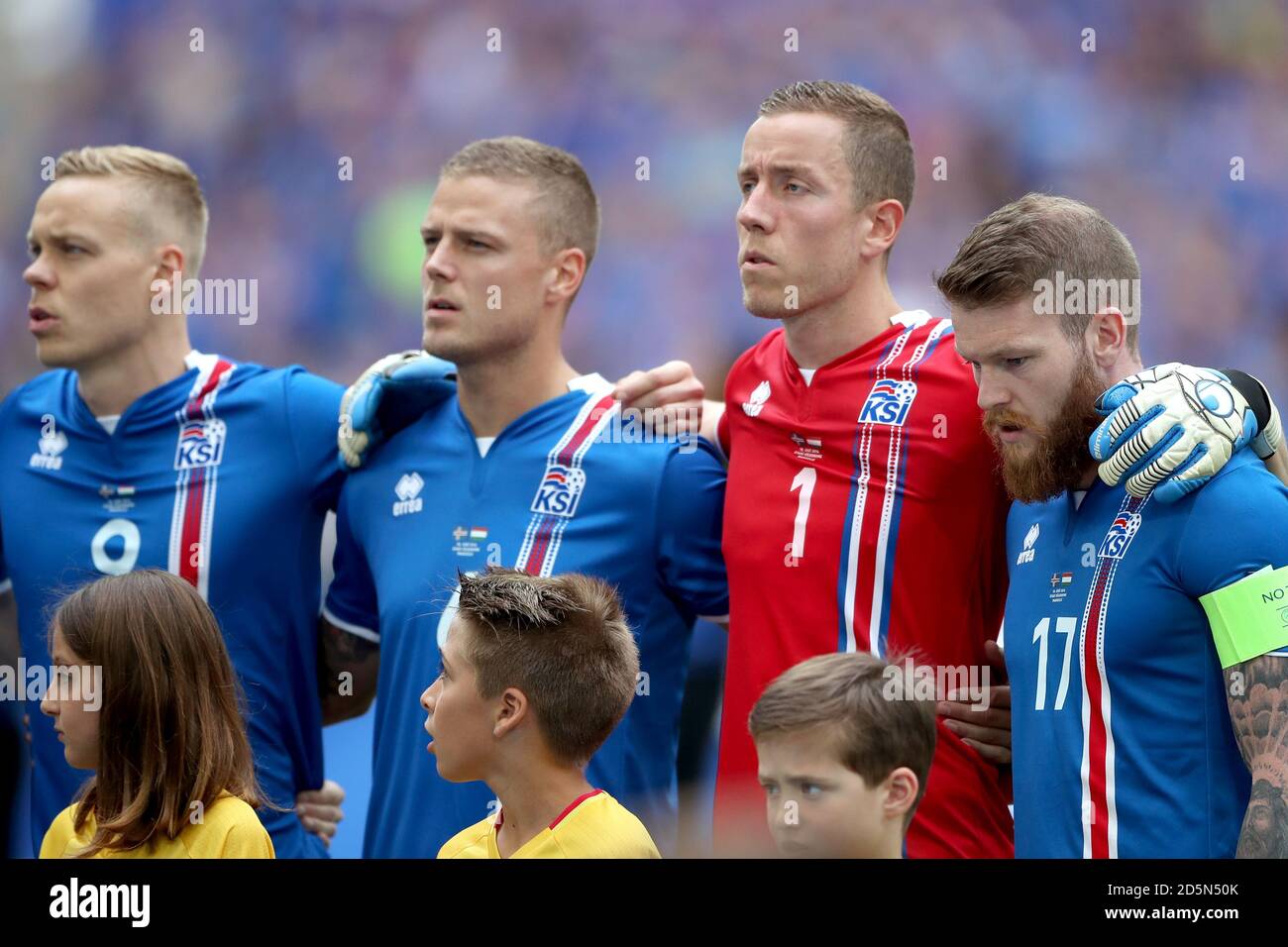 Iceland S Kolbeinn Sigthorsson Ragnar Sigurdsson Goalkeeper Hannes Thor Halldorsson And Aron Gunnarsson Left To Right Before The Game Stock Photo Alamy