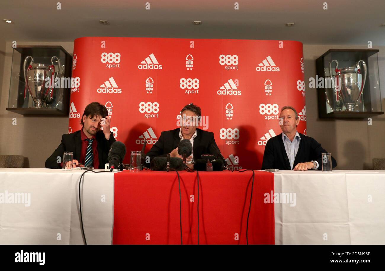 New Nottingham Forest manager Philippe Montanier (centre) speaks during