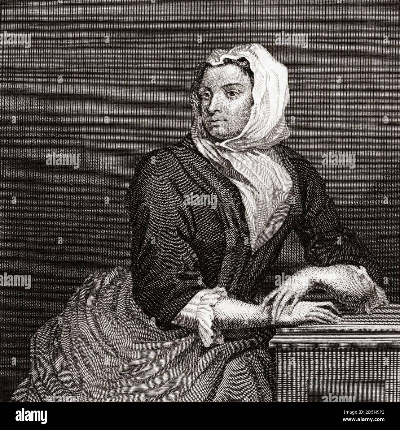 Sarah Malcolm after a work by William Hogarth.  Sarah Malcolm ? - 1733 was a Anglo-Irish woman executed for multiple murders.  Her case was the subject of such notoriety that Hogarth visited her in prison to make sketches of her from which he made a painting and this engraving. Stock Photo