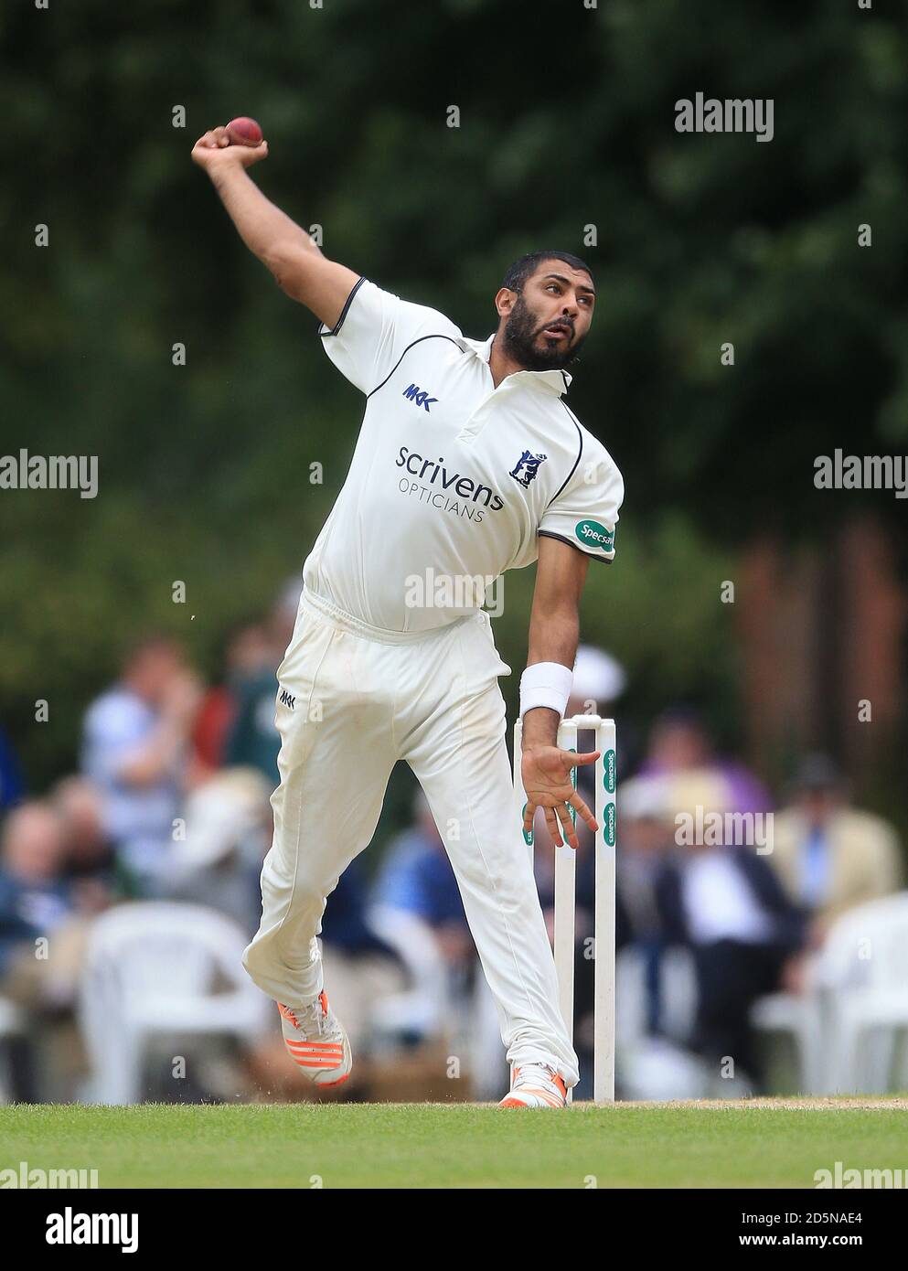Warwickshire's Jeetan Patel bowls against Surrey. Stock Photo