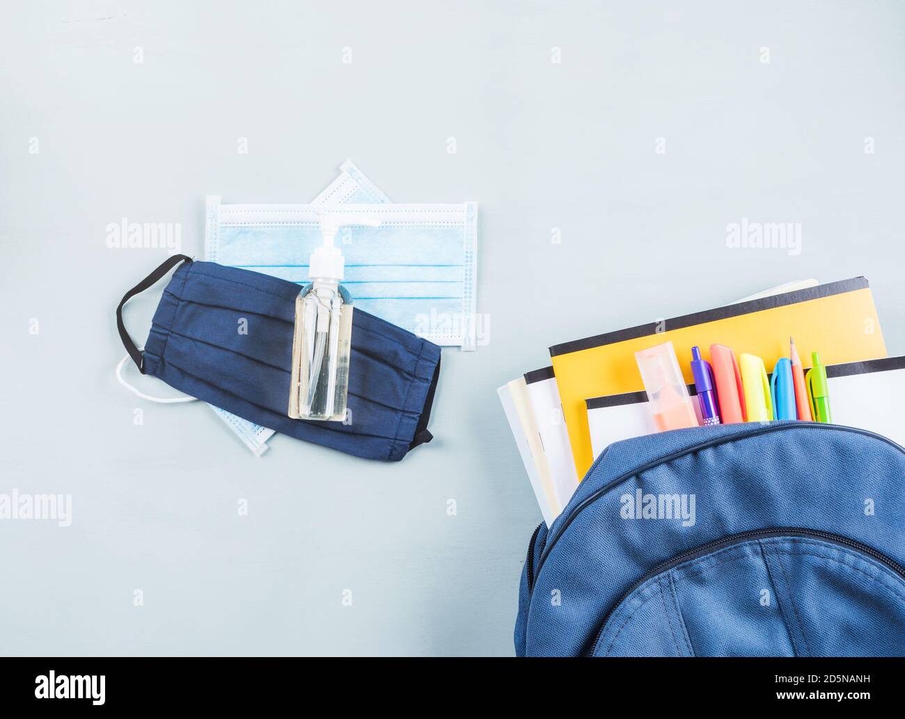 New school set including face mask, sanitizer Stock Photo