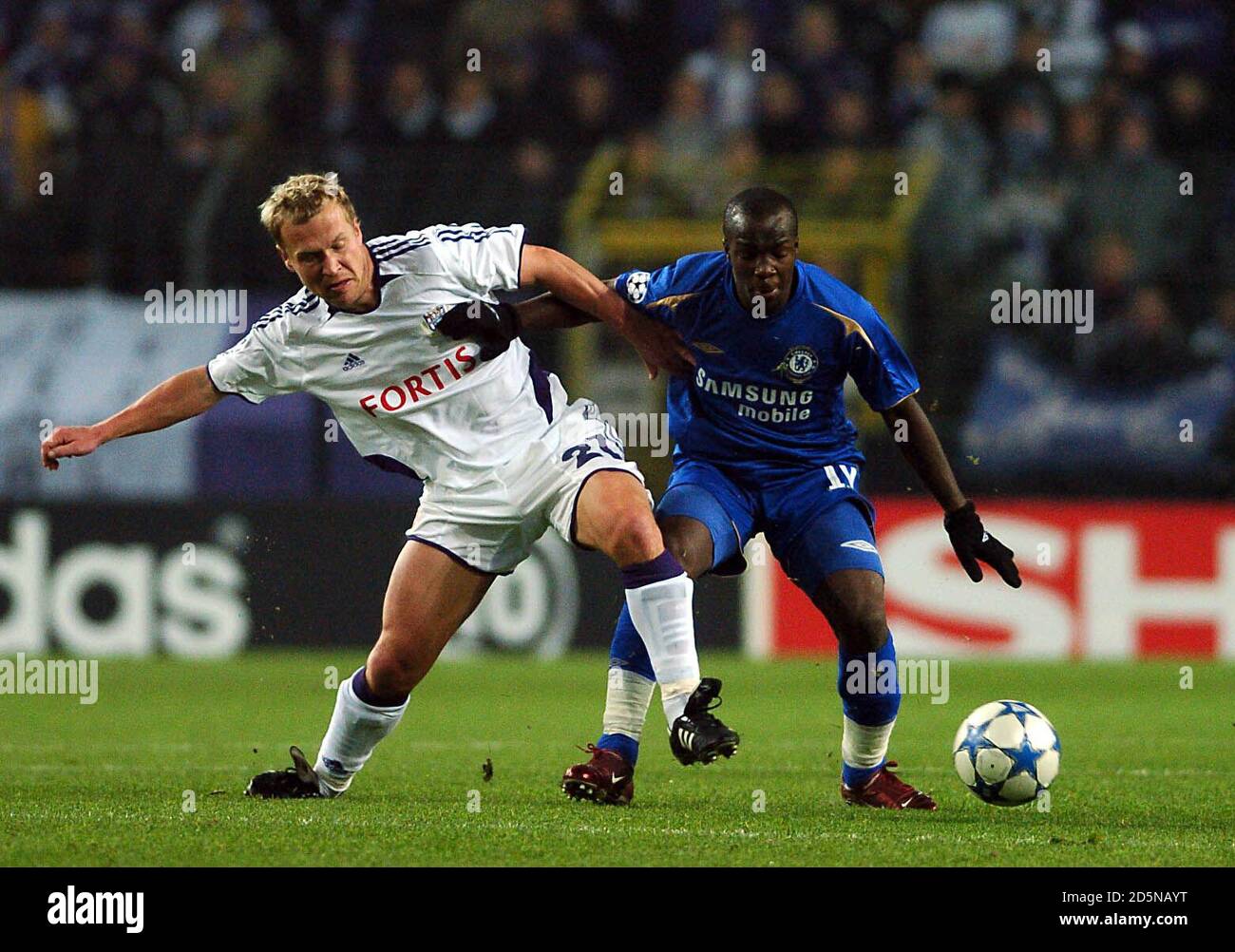 Chelsea's Lassana Diarra  is challenged by Anderlecht's Par Zetterberg Stock Photo