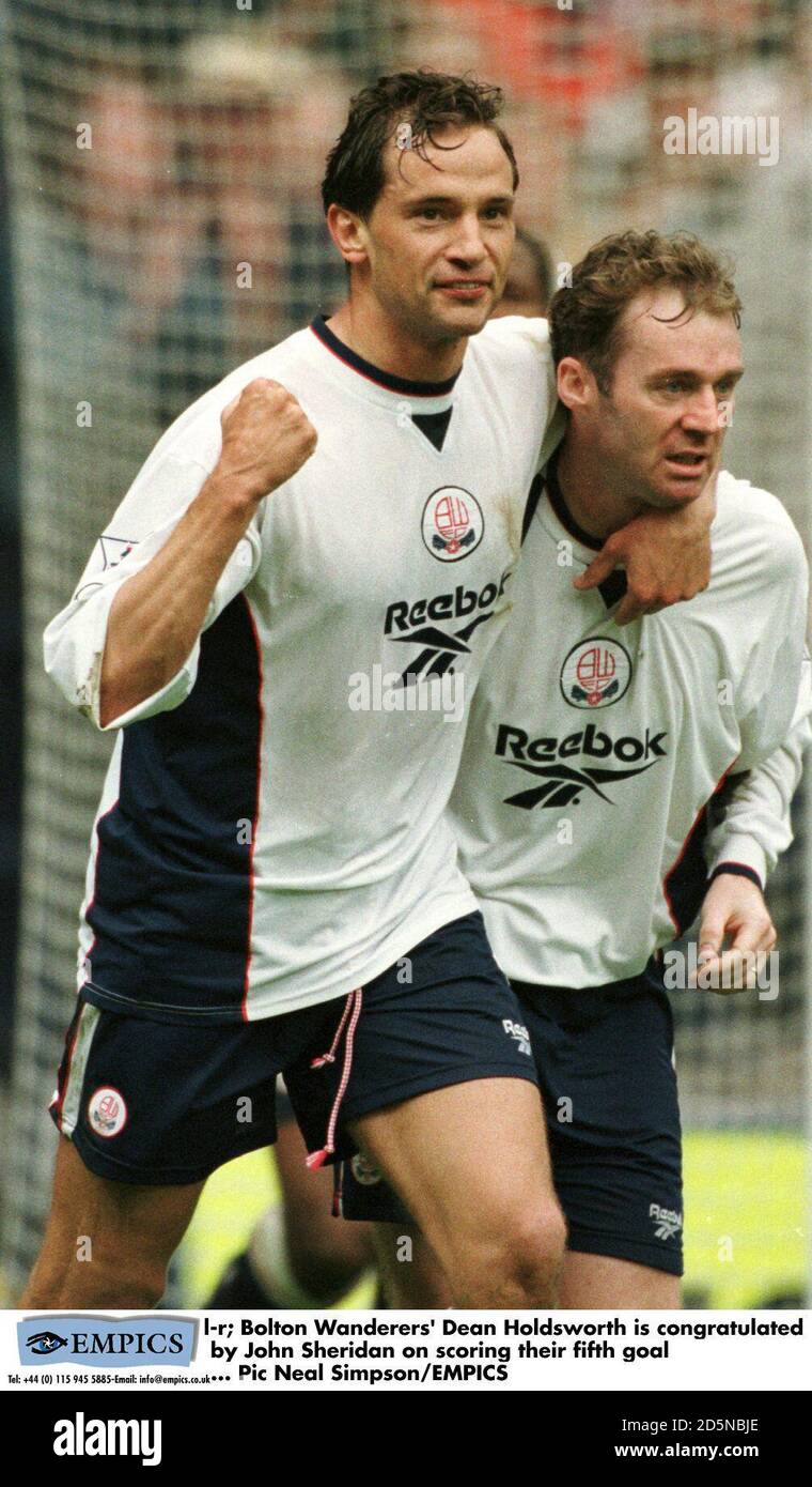 l-r; Bolton Wanderers' Dean Holdsworth is congratulated by John Sheridan on scoring their fifth goal Stock Photo