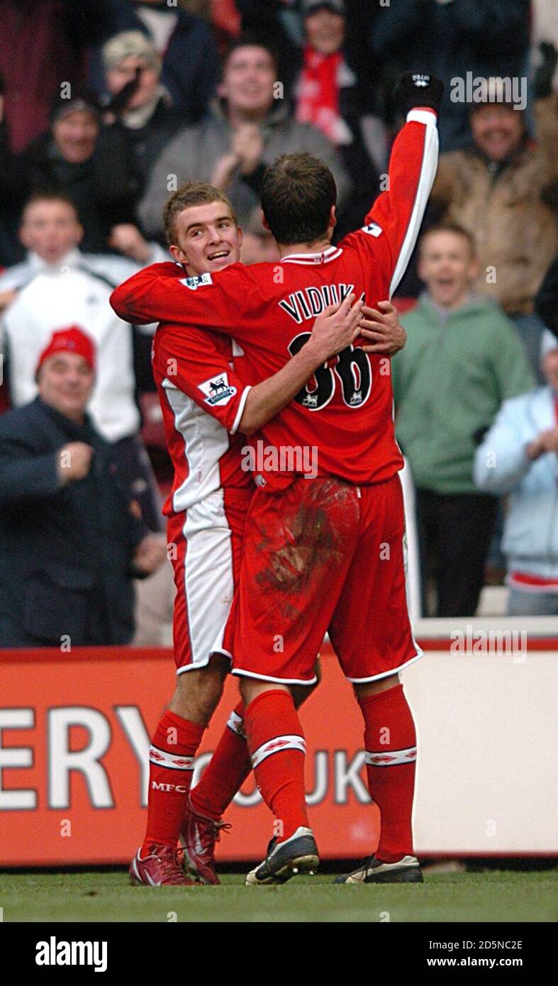 Middlesbrough's James Morrison celebrates his deflected shot which put his team in the lead with team mate Mark Viduka Stock Photo