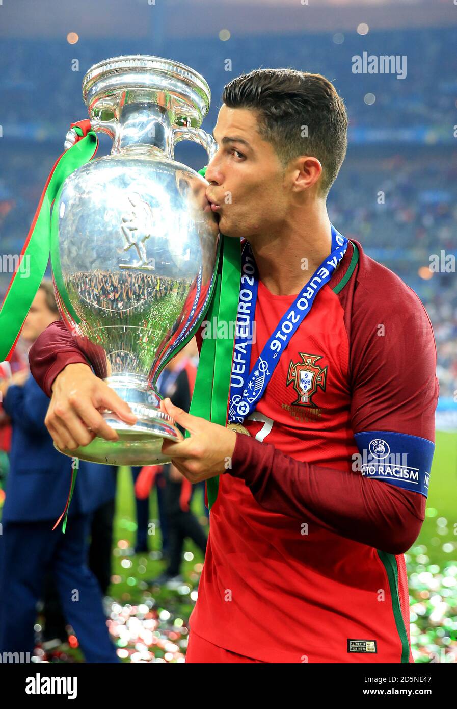 Portugal S Cristiano Ronaldo Celebrates With The Trophy On The Pitch After Portugal Win The Uefa Euro 16 Final Stock Photo Alamy