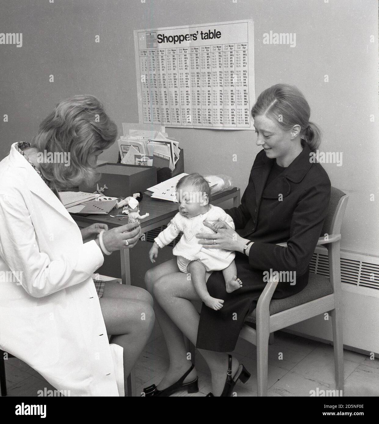 1971, historical, a young mother with her baby seeing a female doctor