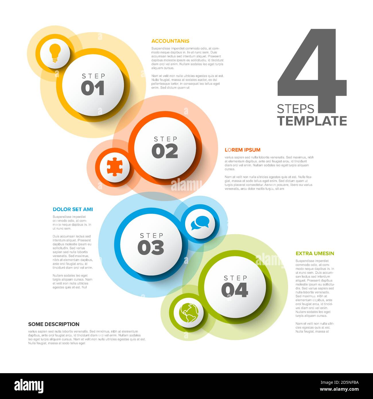 Vector light progress steps template with descriptions, icons and circles Stock Vector
