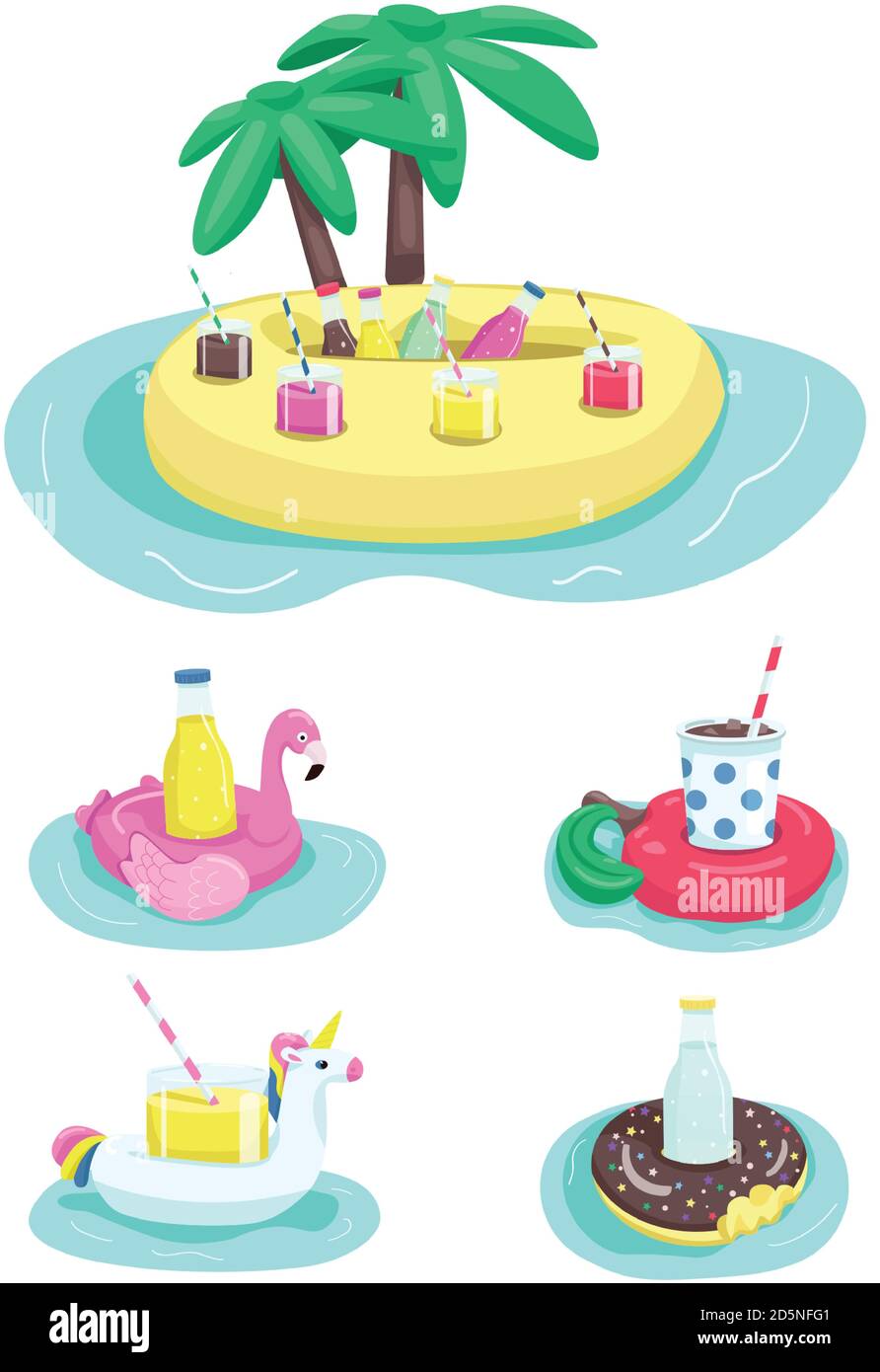 Inflatable drink holders flat color vector objects set Stock Vector
