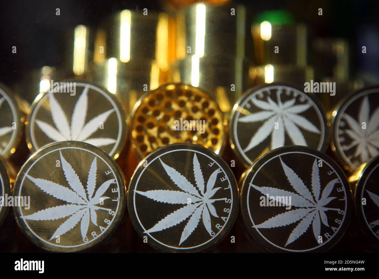 Closeup of tins of cannabis in shop window in Amsterdam Stock Photo