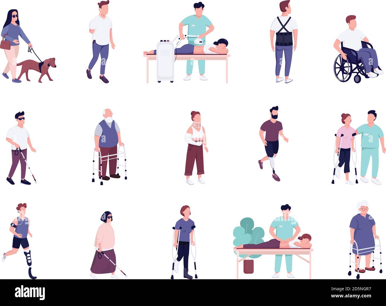 Injured people with disability activities flat color vector faceless ...