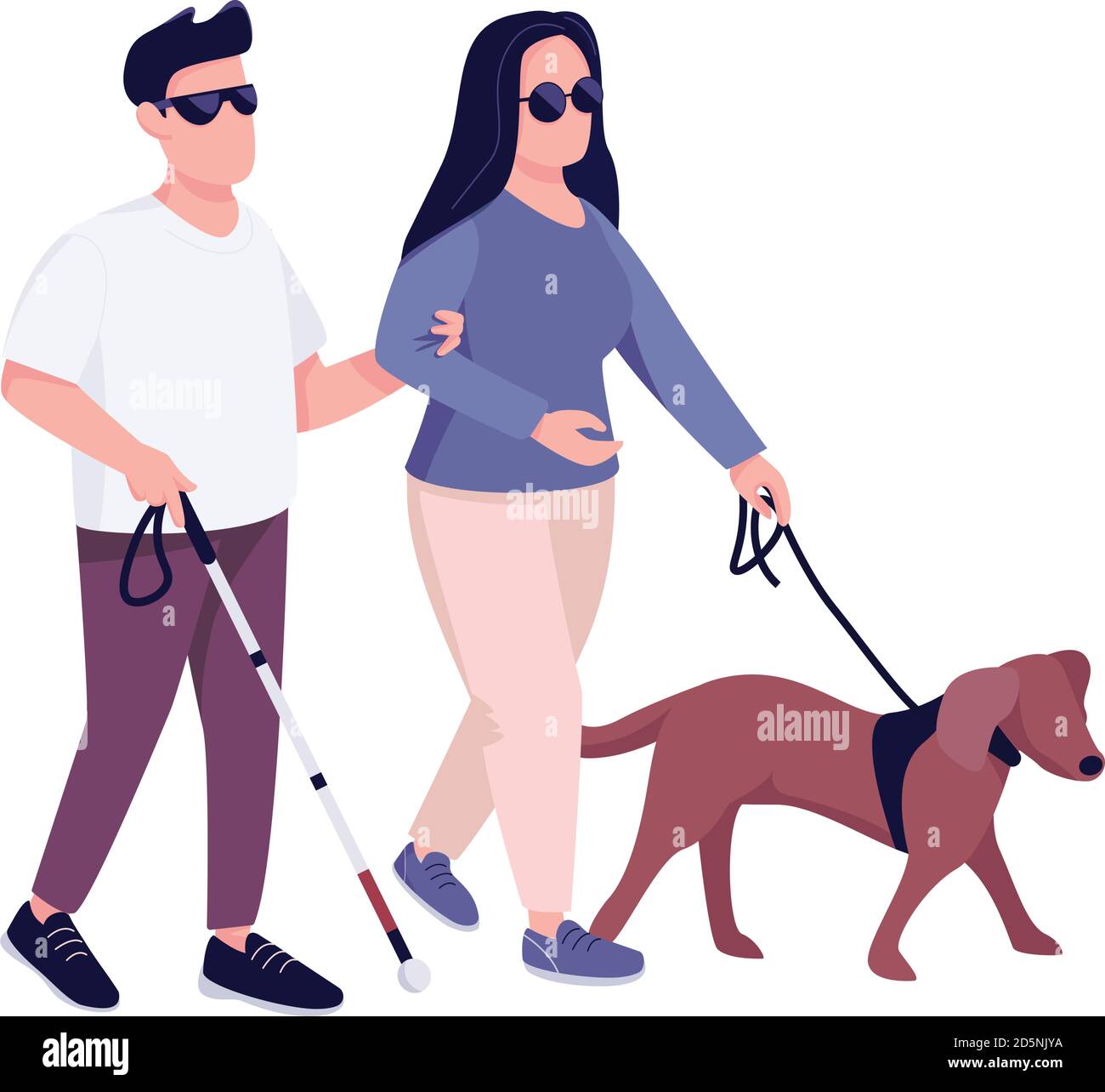 Blind man and woman with guide dog flat color vector faceless character Stock Vector