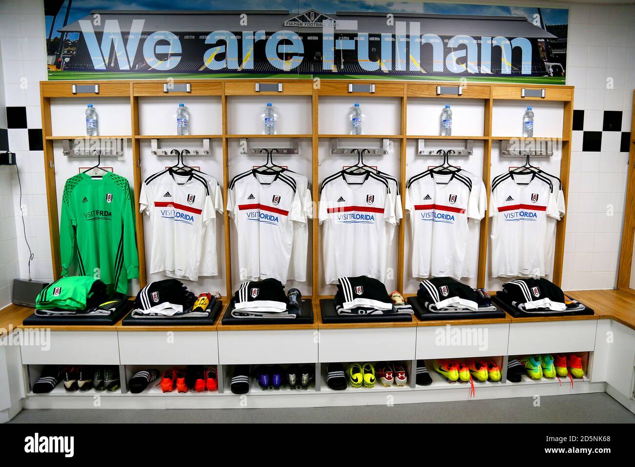 New Fulham shirts are hung up in the dressing room prior to the match.  Stock Photo