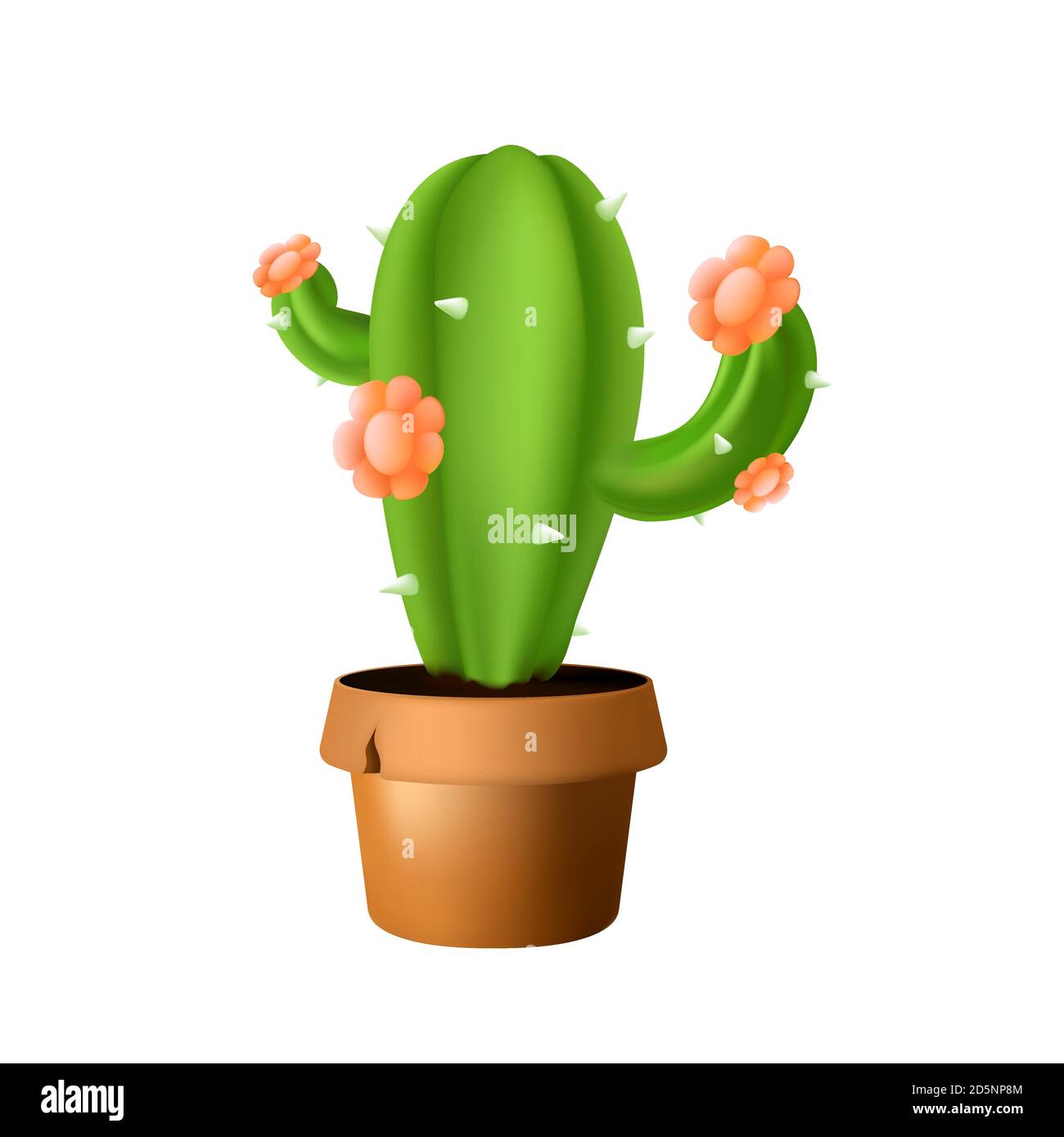 Green prickly cactus in a brown ceramic pot with blooming flowers on it. Vector illustration isolated on white background Stock Vector