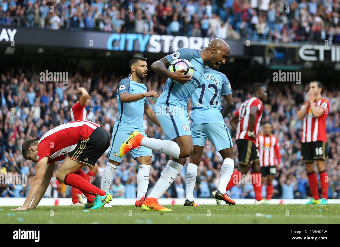 Manchester City S Fabien Delph Celebrates After Sunderland S Patrick Mcnair L Scored An Own For The 2nd Goal Stock Photo Alamy