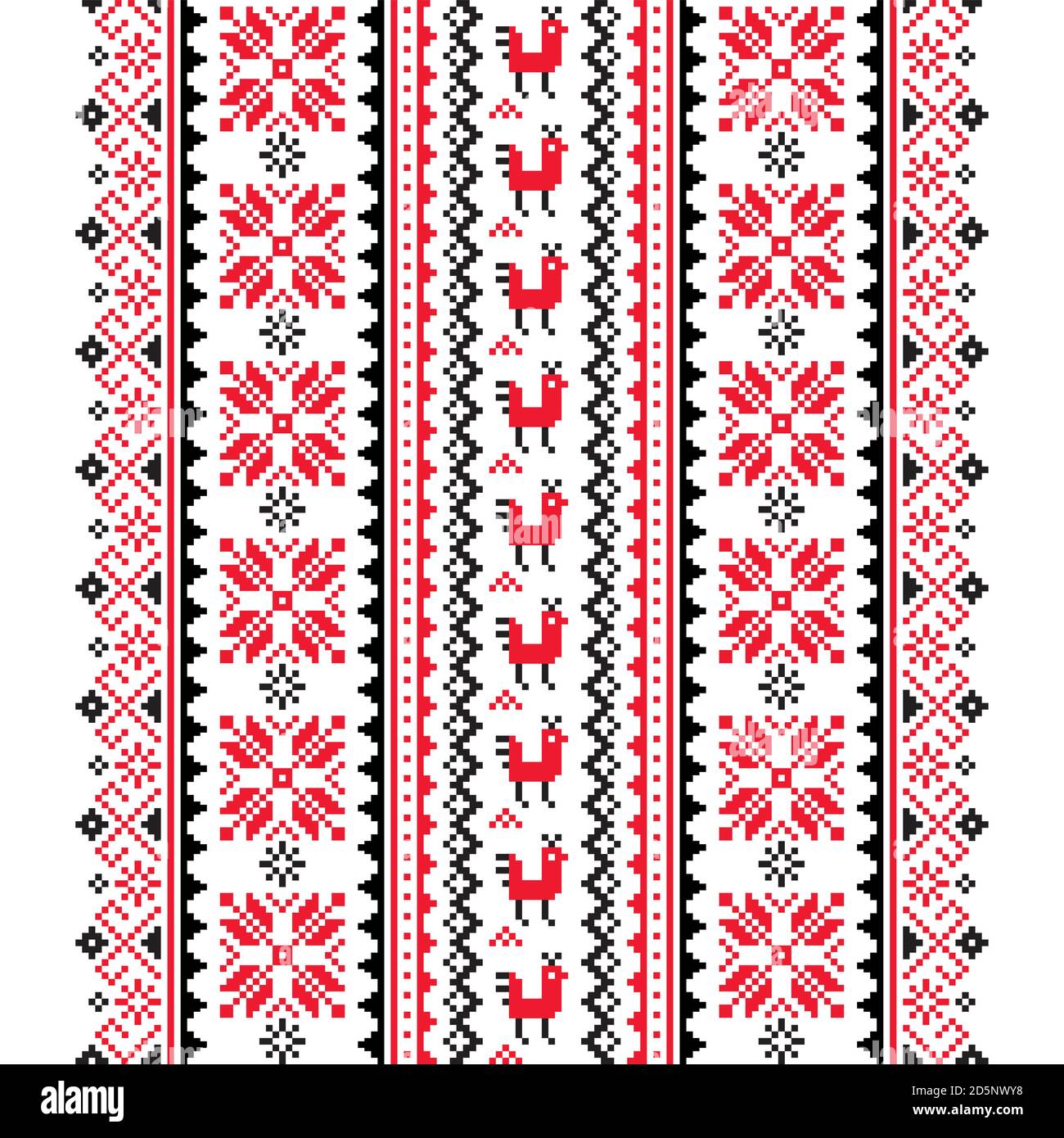 Ukrainian, Belarusian folk art vector seamless pattern in red and black, inspired by traditional cross-stitch design Vyshyvanka Stock Vector