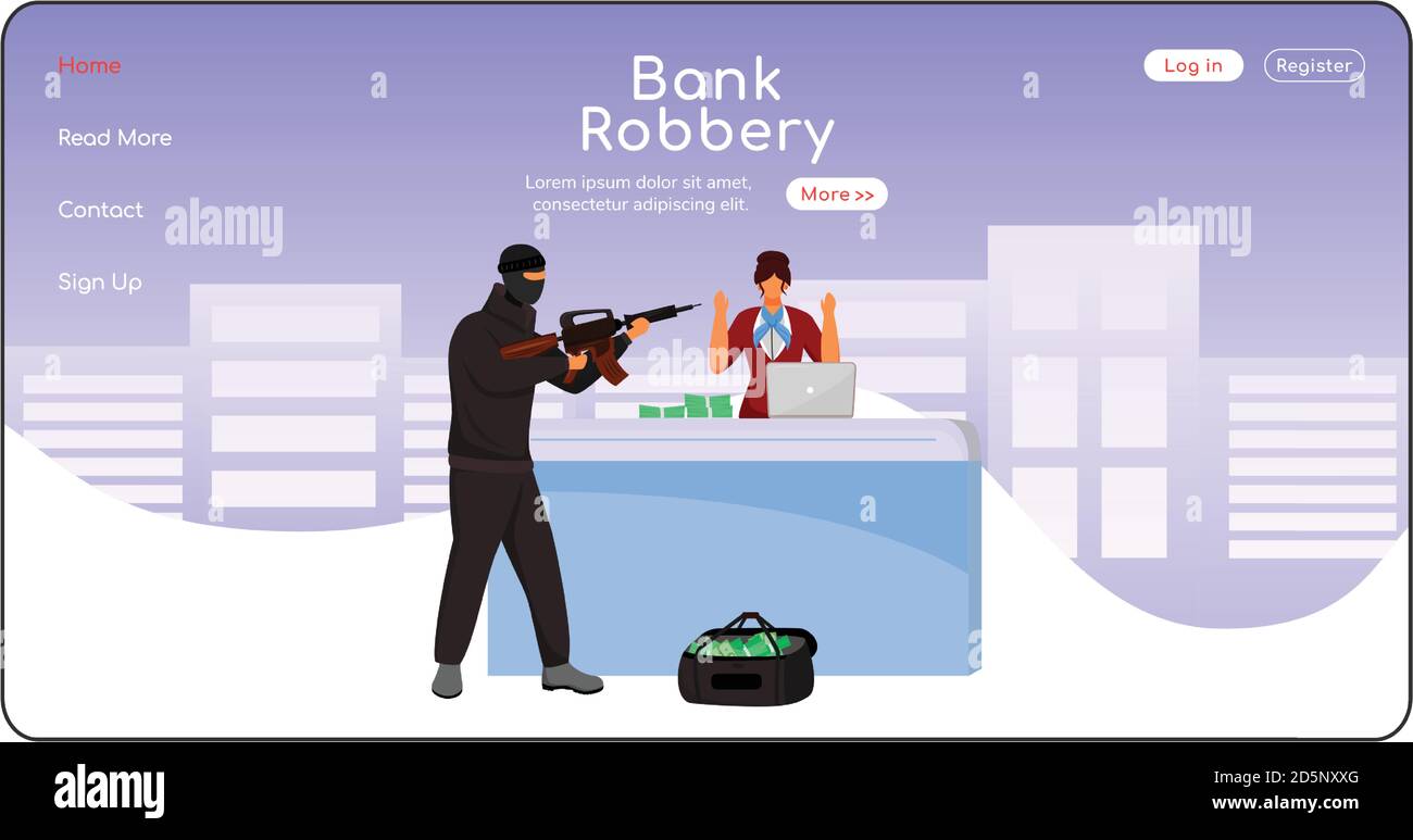 Bank robbery landing page flat color vector template Stock Vector