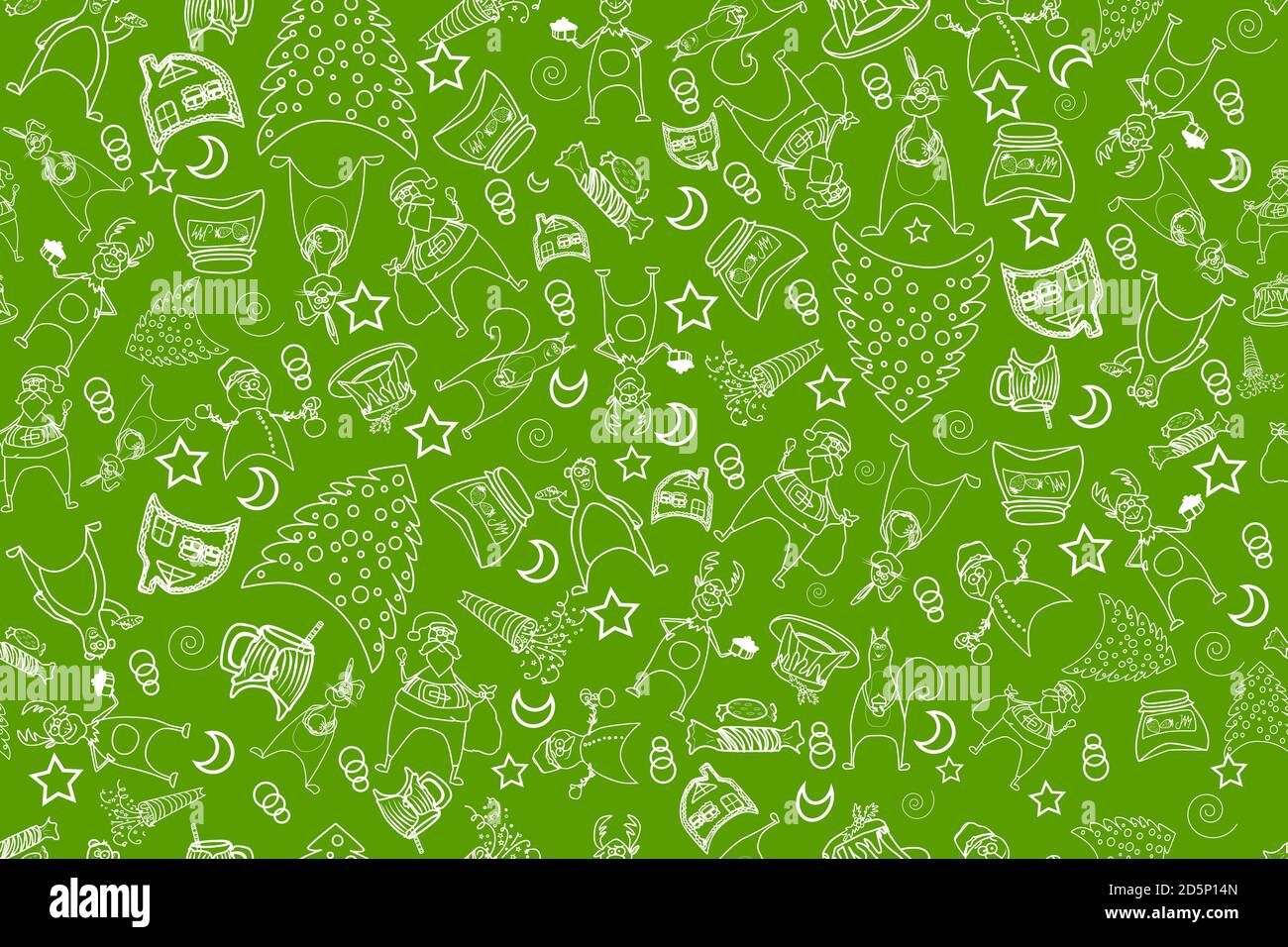 Christmas seamless pattern isolated on green background. Background with white contour winter elements for wrapping paper, banners, posters. Vector Stock Vector