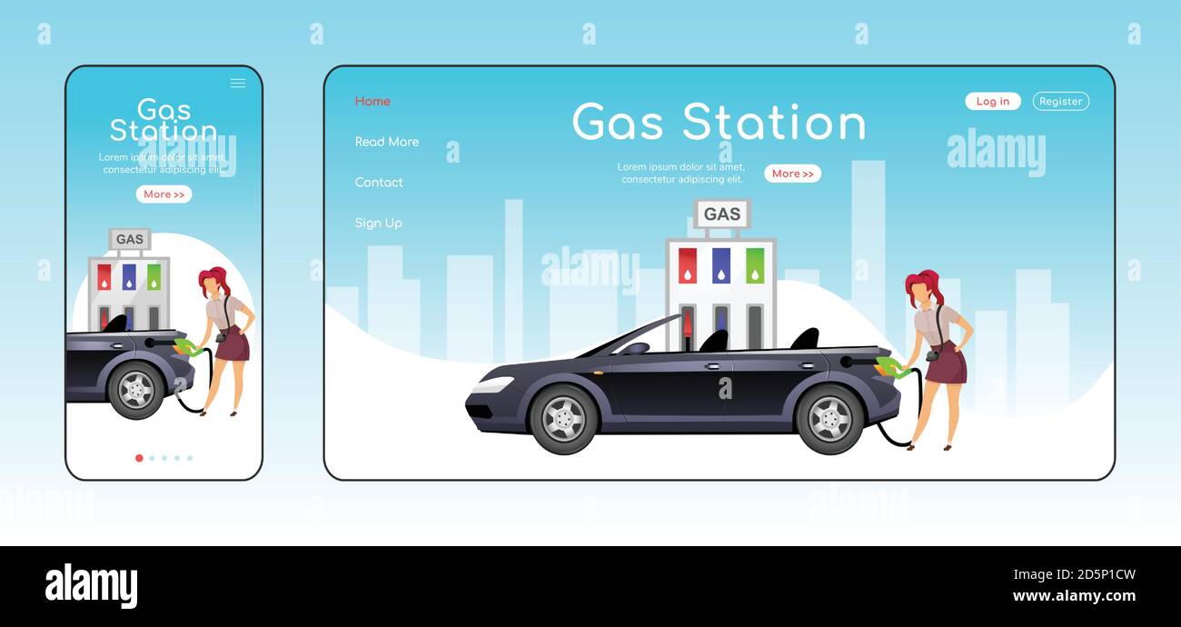 Gas station responsive landing page flat color vector template Stock Vector