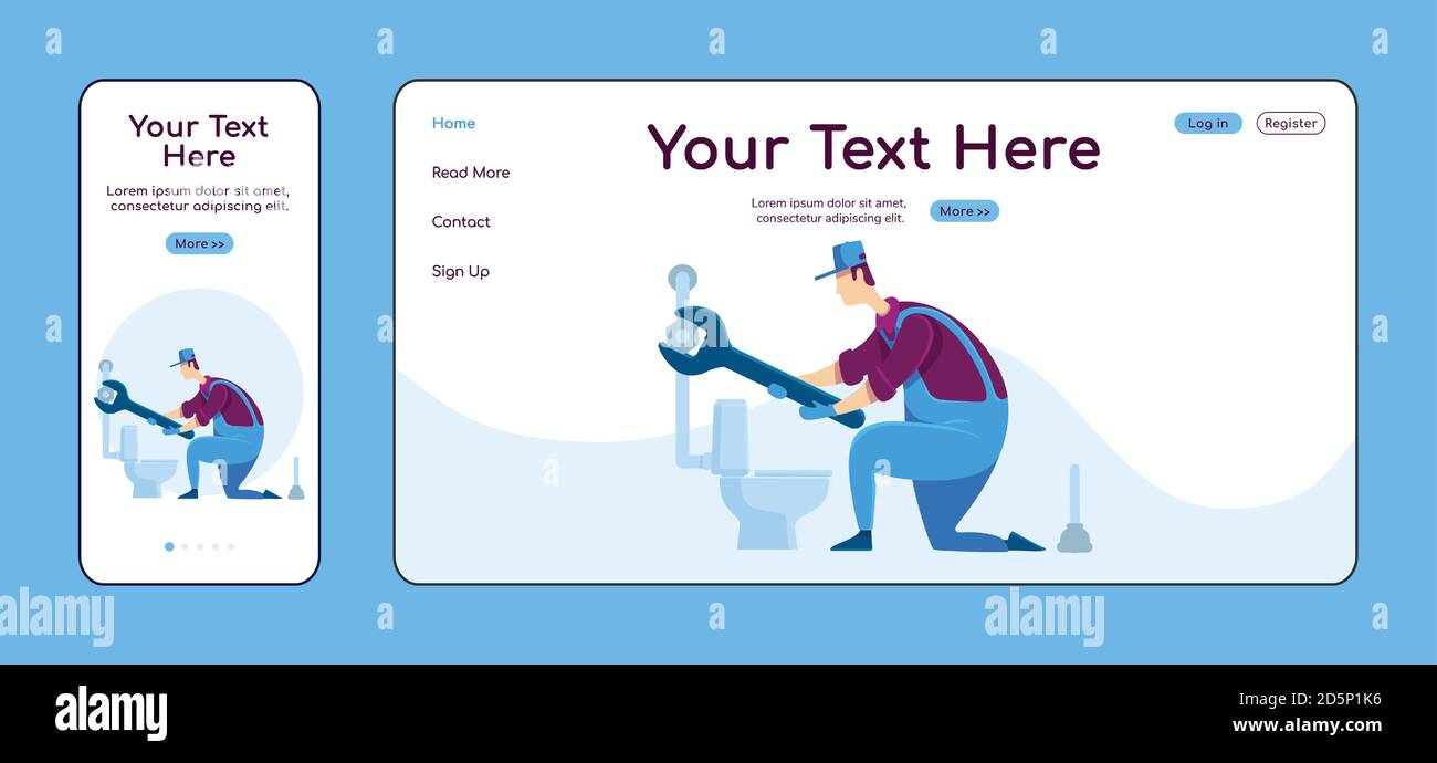Plumbing services adaptive landing page flat color vector template Stock Vector
