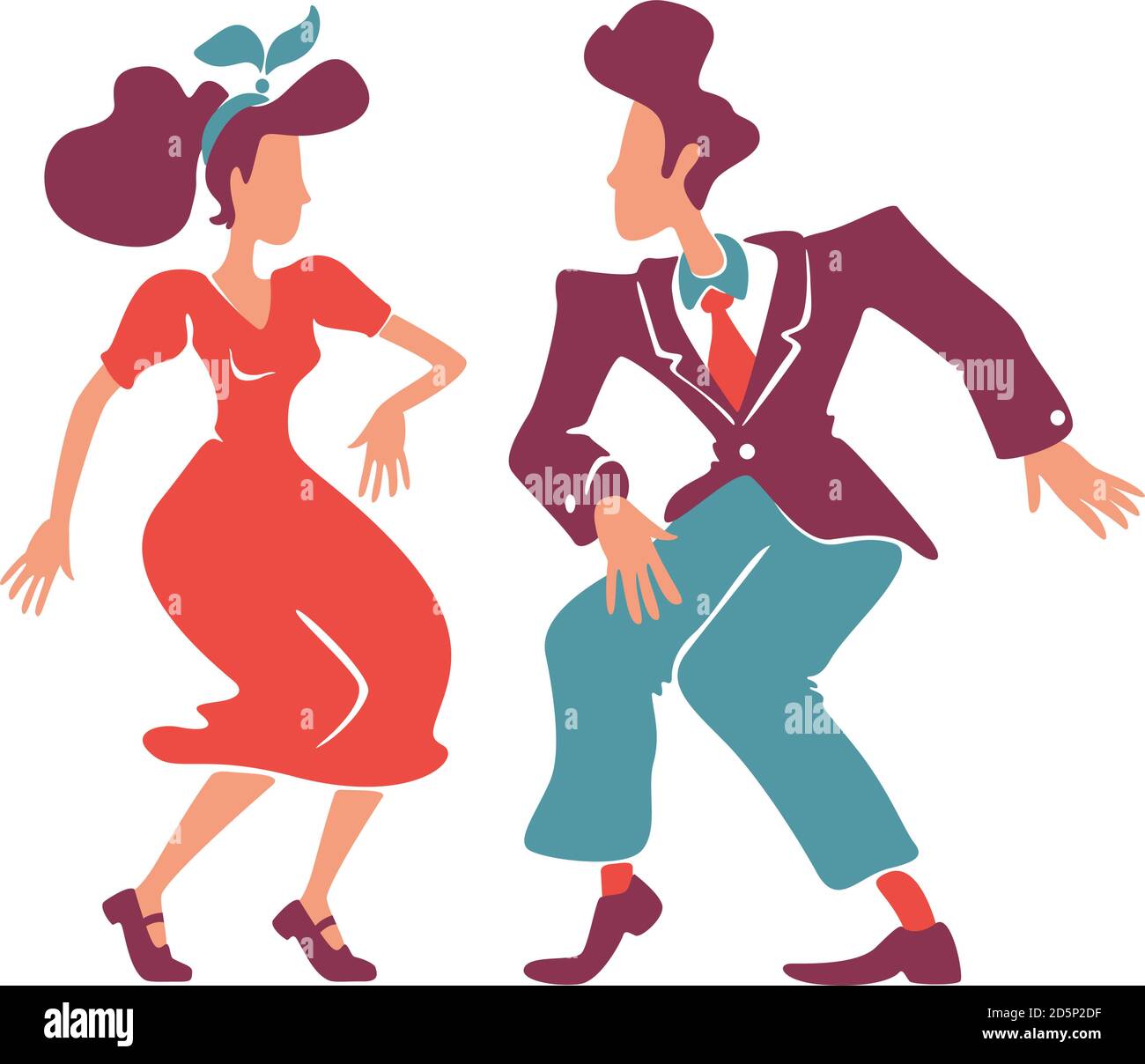Couple dancing rock n roll, jive together flat color vector faceless characters Stock Vector