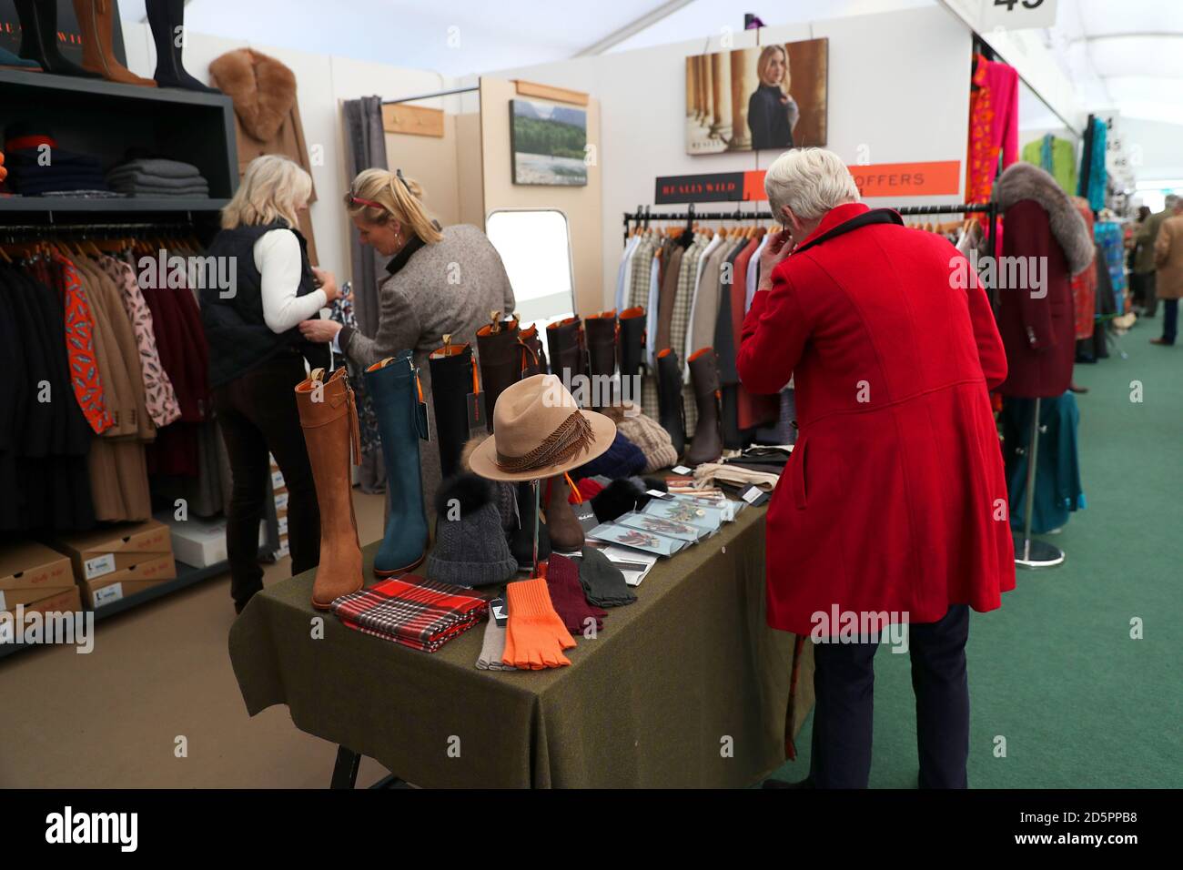 Clothing on sale in the Shopping Village at Cheltenham Racecourse Stock
