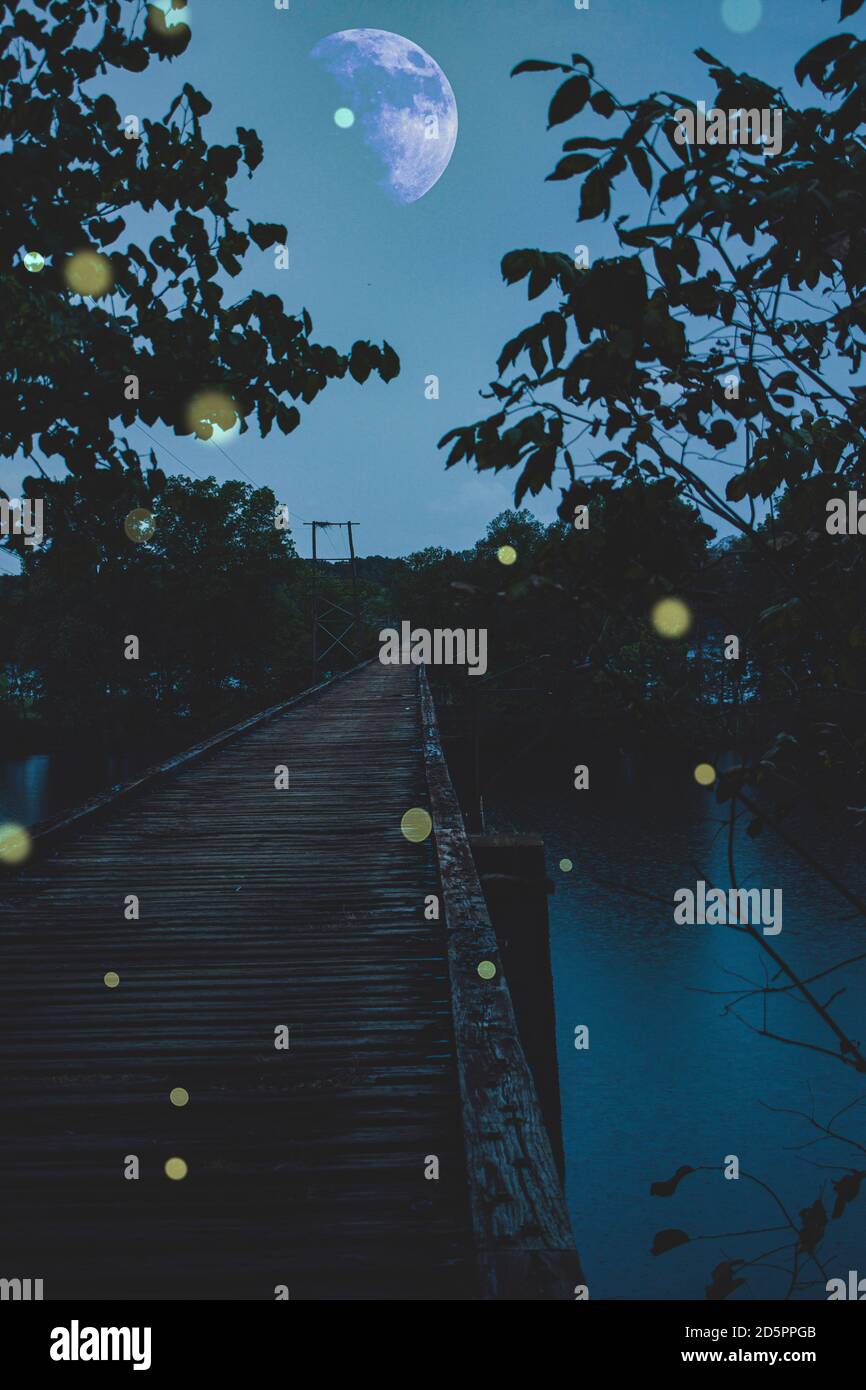 Twilight looks on the wood bridge across a river, with trees in silhouette and half a moon.  Bokeh lights were added to mimic fireflies. Stock Photo