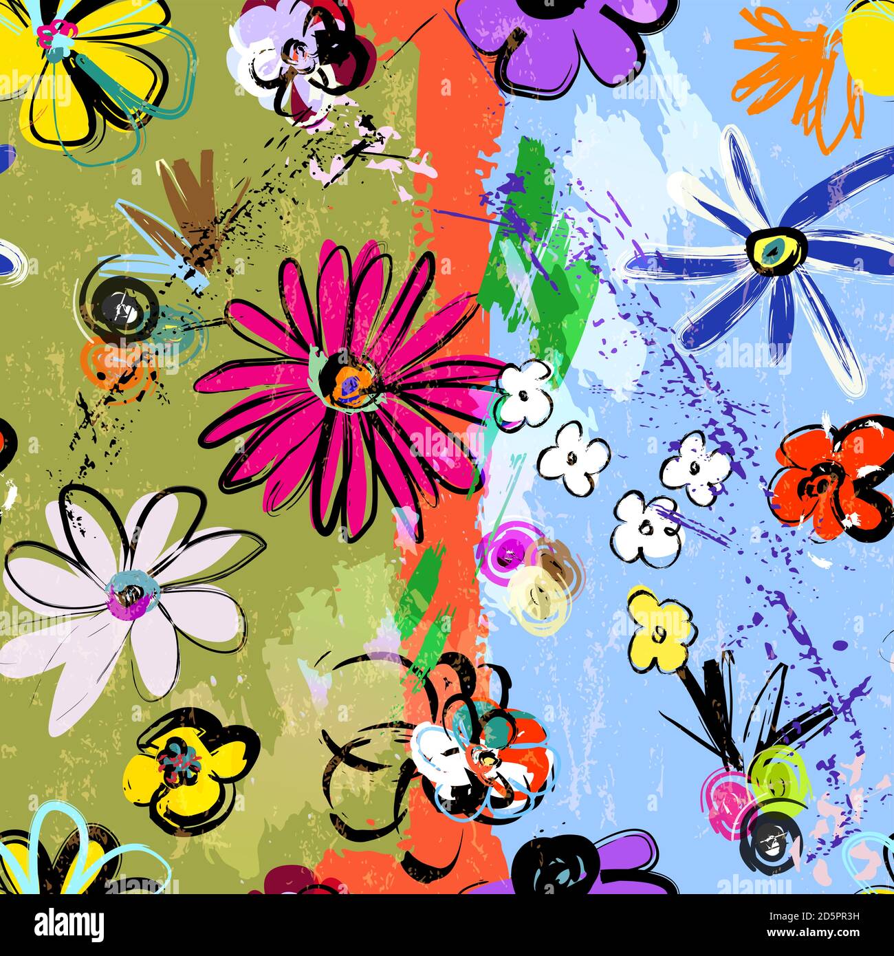 abstract background composition, with paint strokes, splashes and flowers, seamless Stock Vector