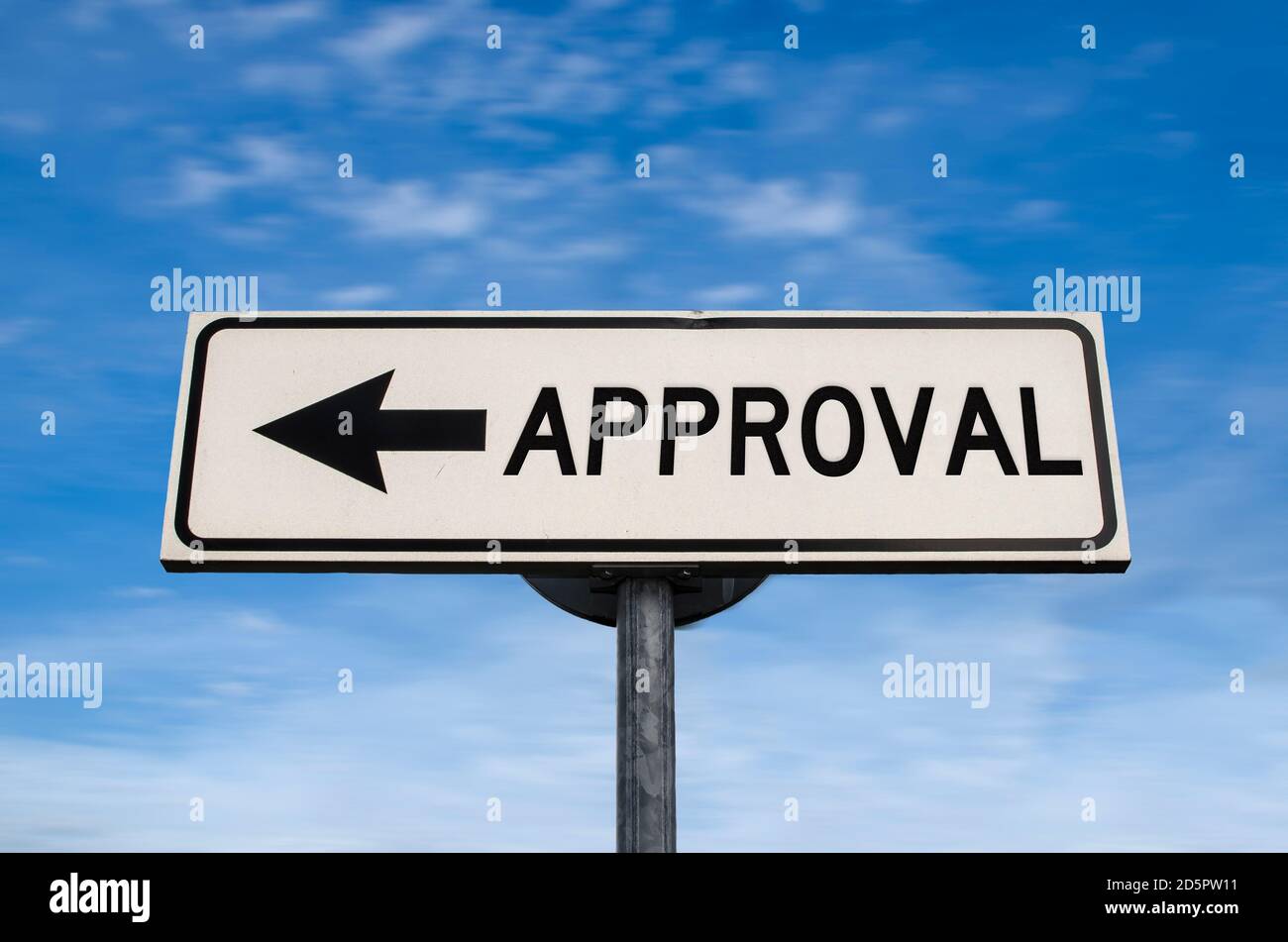 Approval road sign, arrow on blue sky background. One way blank road ...