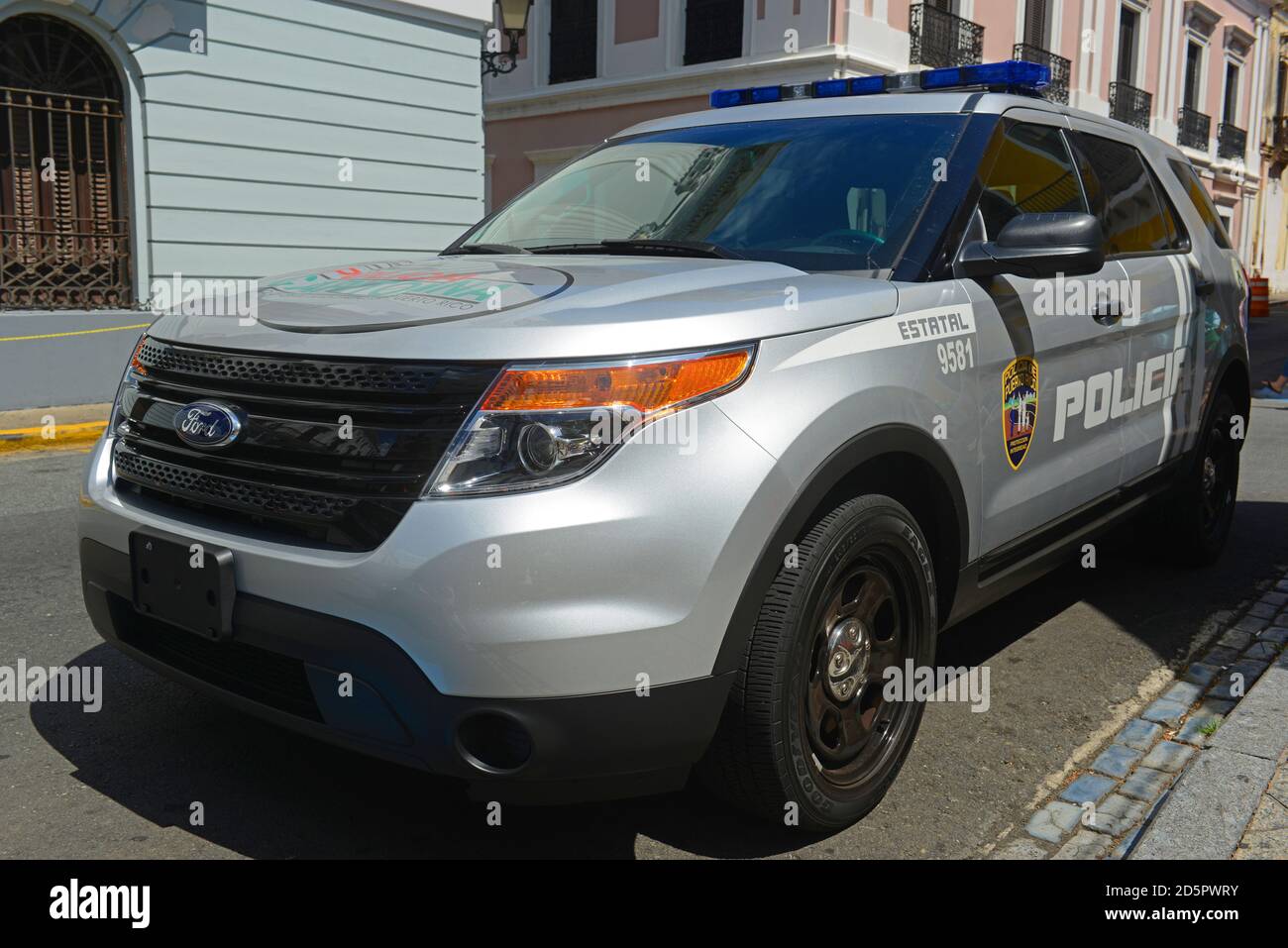 San Juan Police Car on Plaza de Armas in Old San Juan, Puerto Rico