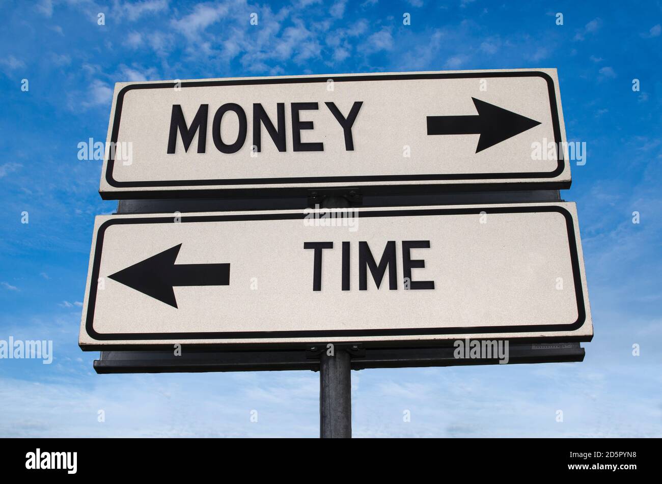 Money vs time. White two street signs with arrow on metal pole with word. Directional road. Crossroads Road Sign, Two Arrow. Blue sky background. Stock Photo