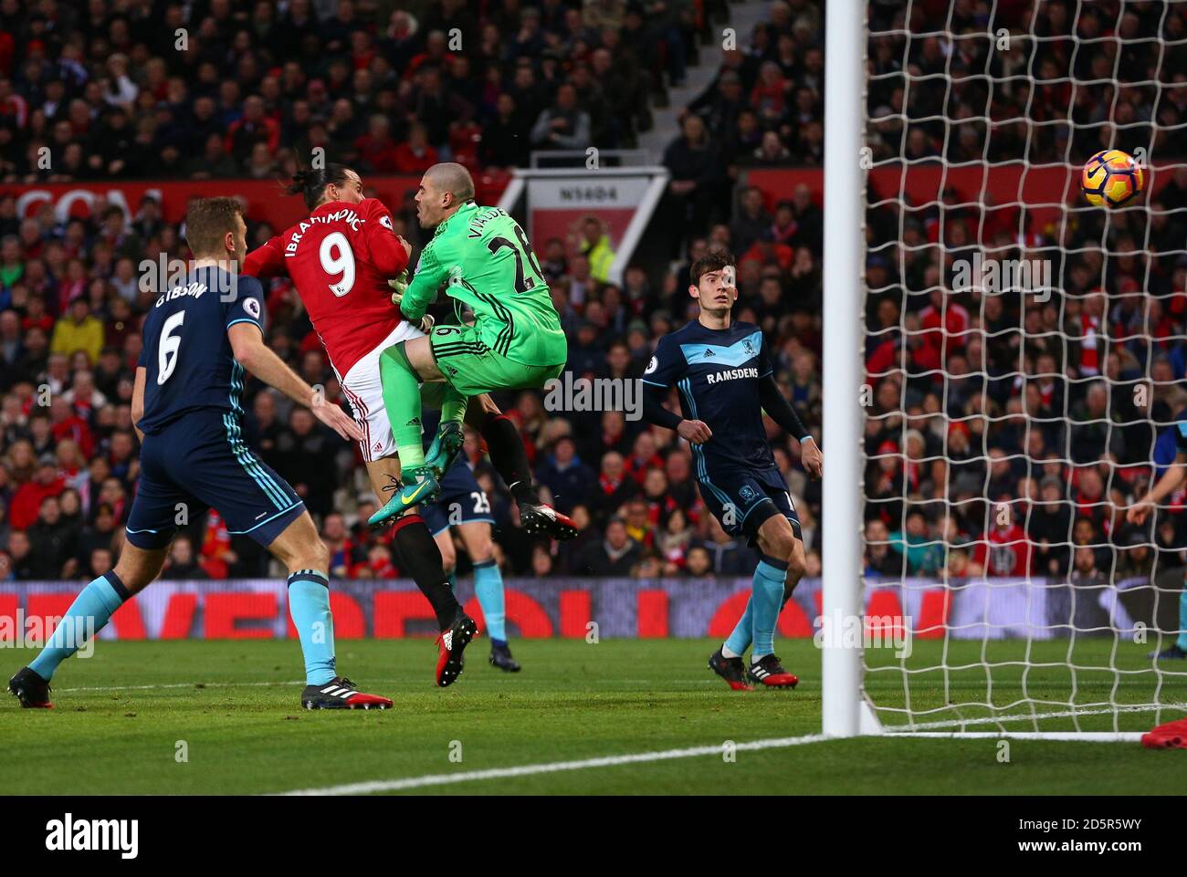 Manchester United's Zlatan Ibrahimovic scores but has the goal ruled out for a foul on Middlesbrough goalkeeper Victor Valdes  Stock Photo