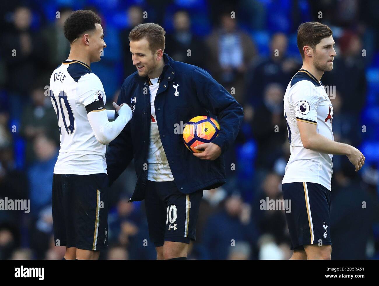 Tottenham Hotspur's Harry Kane celebrates with the match  ball for scoring a hat trick after the final whistle with Tottenham Hotspur's Dele Alli (left)  Stock Photo