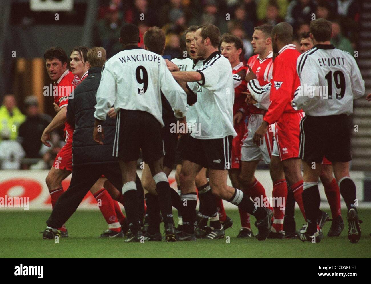 Derby's Paulo Wanchope among the rucus after his incident with Middlesbrough's Andy Townsend (c) Stock Photo