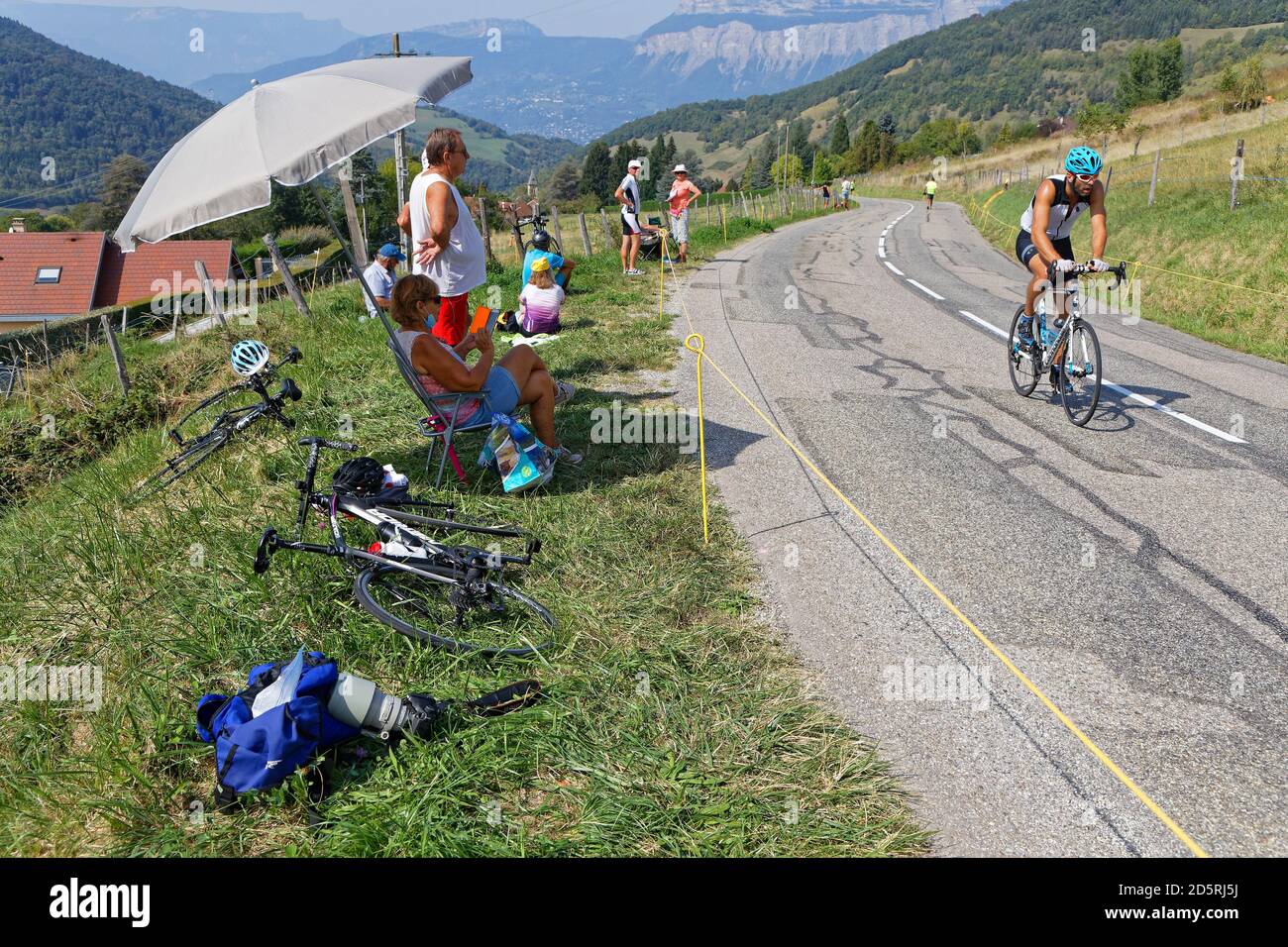 REVEL, FRANCE, September 15, 2020 : Some cyclo-tourists run the road of the Tour just before the race. Tour de France has been described as the world’ Stock Photo