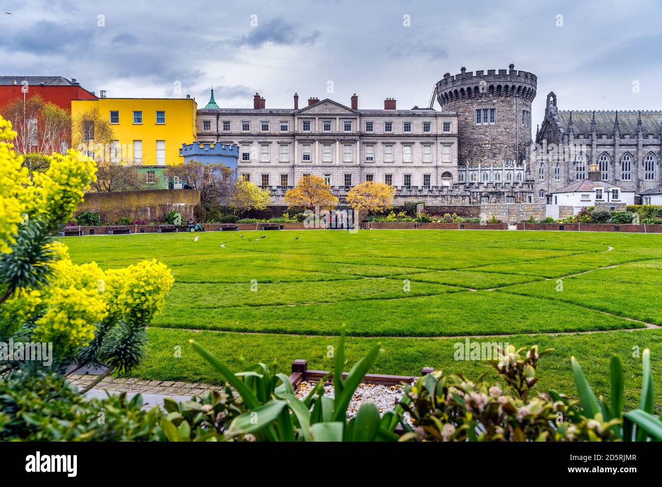 Garden with autumn coloured trees in front of Dublin Castle an Irish