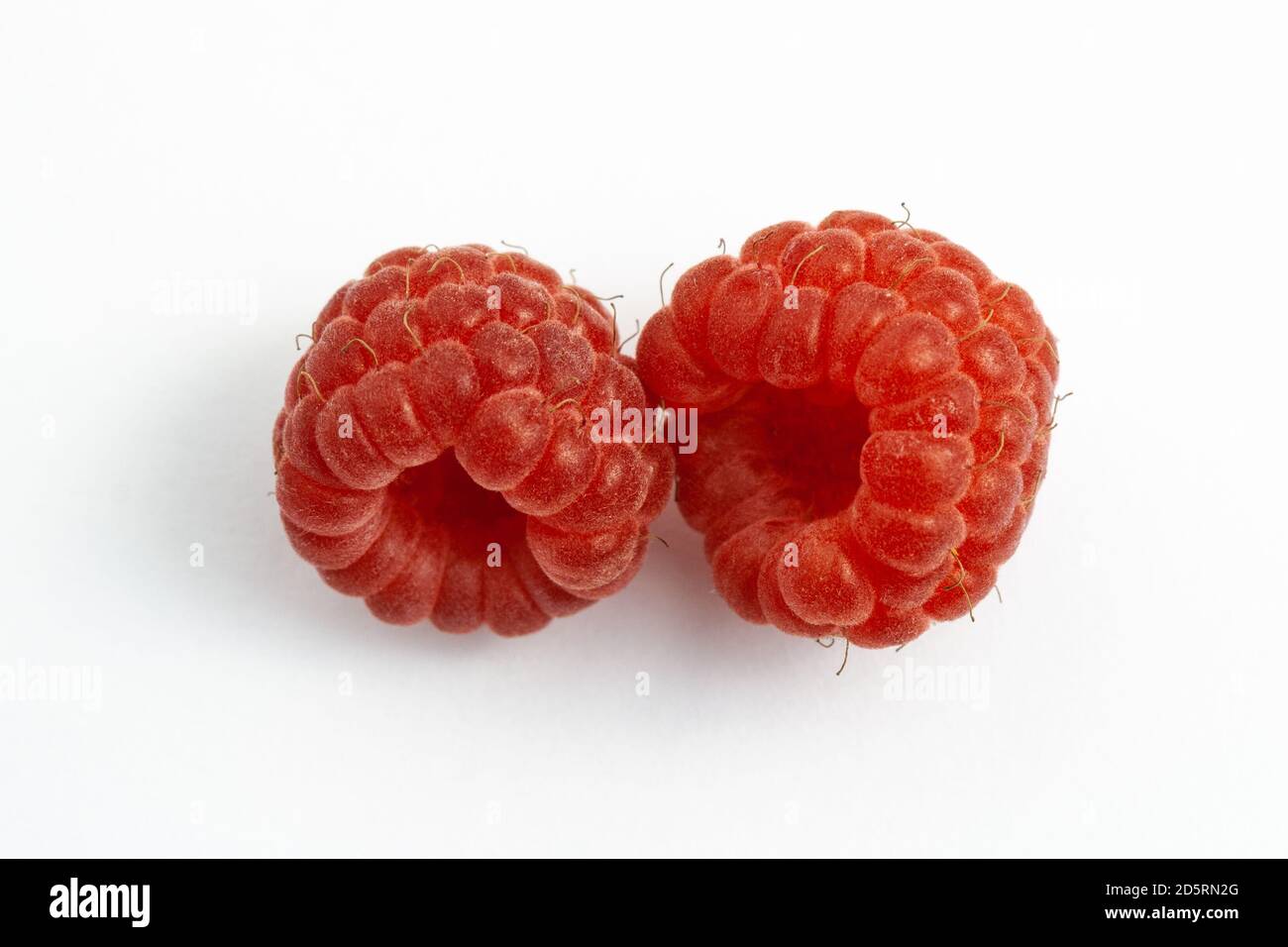 Two ripe raspberries isolated on a white background close-up. Fresh raspberries without sheets on the table. Macro shooting. Healthy, wholesome food. Stock Photo