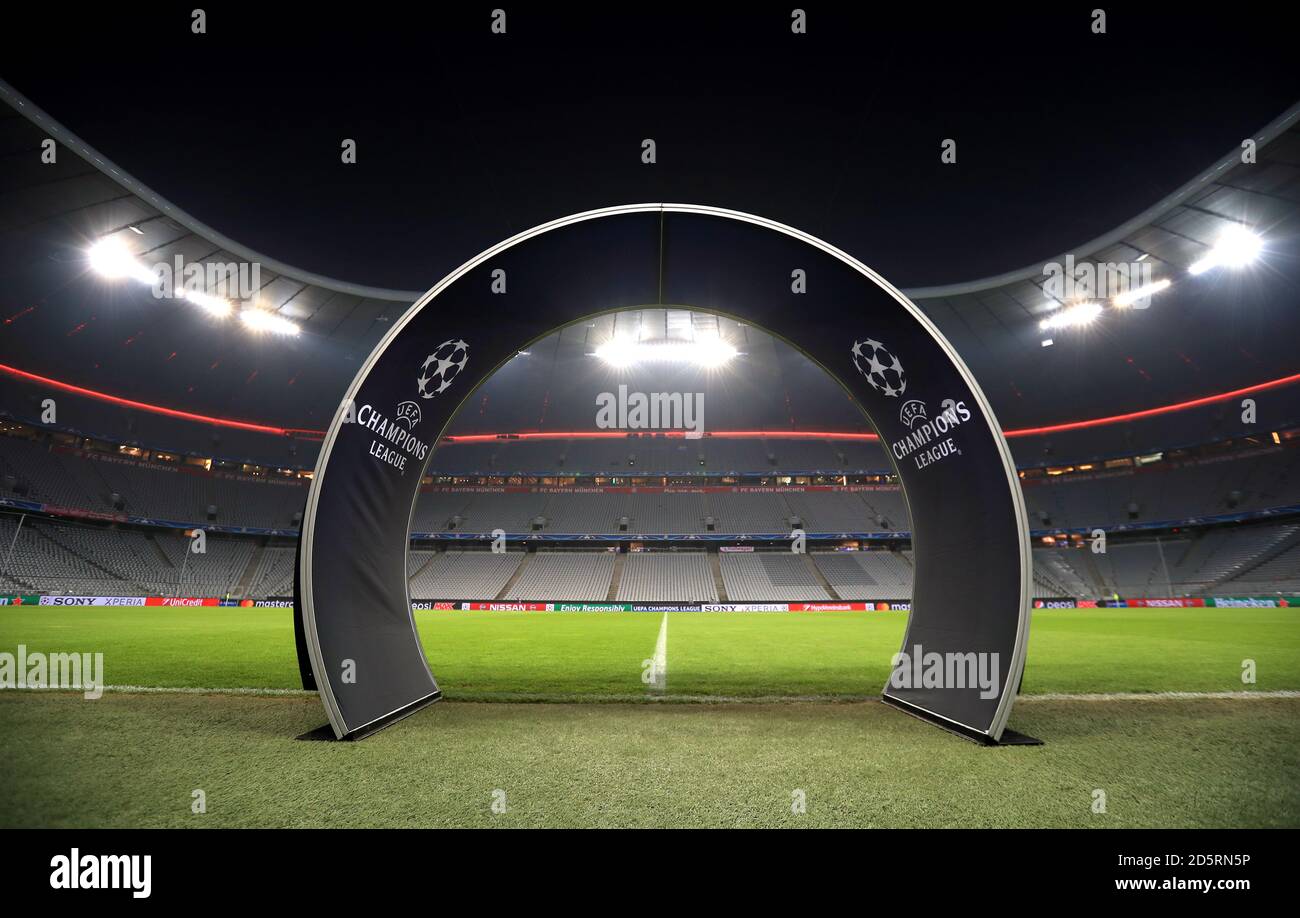 A general view of the Allianz Arena and UEFA Champions League branding  pitch side before the match Stock Photo - Alamy