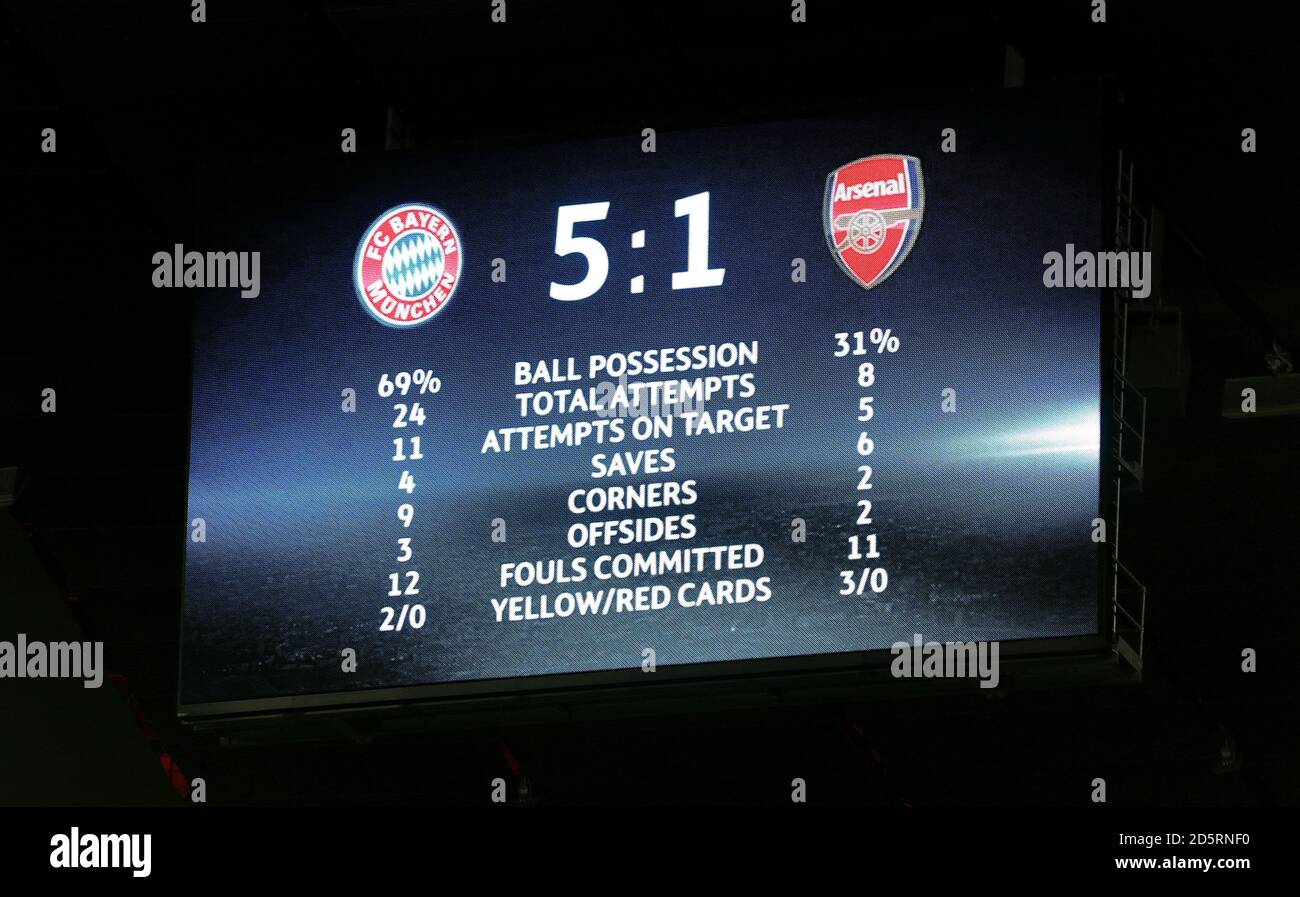 A general view of the scoreboard at full-time reading 'Bayern Munich 5 -  Arsenal 1' Stock Photo - Alamy