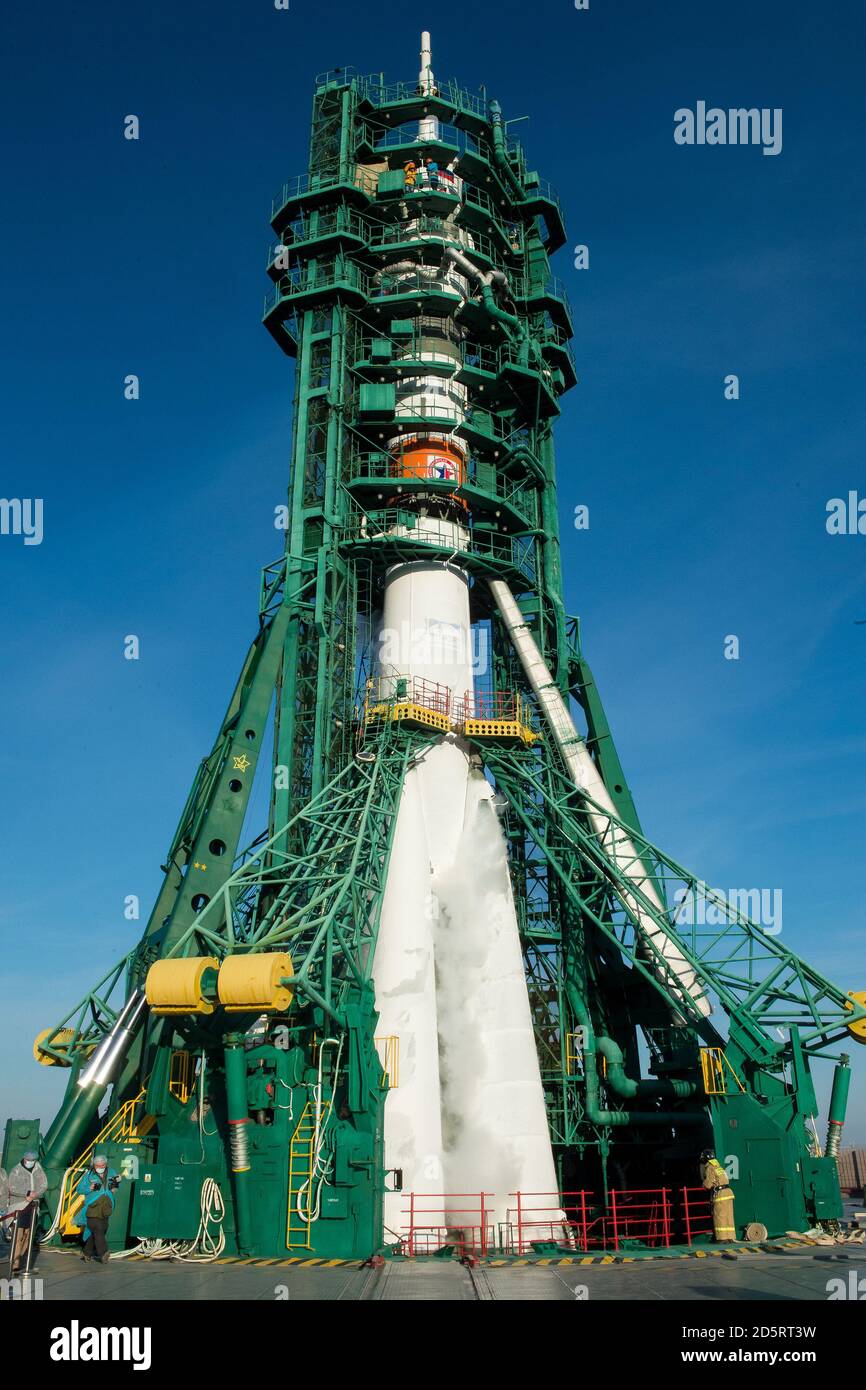 Baikonur, Kazakhstan. 14th Oct, 2020. The Soyuz MS-17 rocket is seen on the launch pad with Expedition 64 Russian cosmonauts Sergey Ryzhikov and Sergey Kud-Sverchkov of Roscosmos, and NASA astronaut Kate Rubins boarded their spacecraft for launch, on October 14, 2020, at the Baikonur Cosmodrome in Kazakhstan. The trio launched at 1:45 a.m. EDT to begin a six-month mission onboard the International Space Station. Photo by Andrey Shelepin/GCTC/NASA/UPI Credit: UPI/Alamy Live News Stock Photo