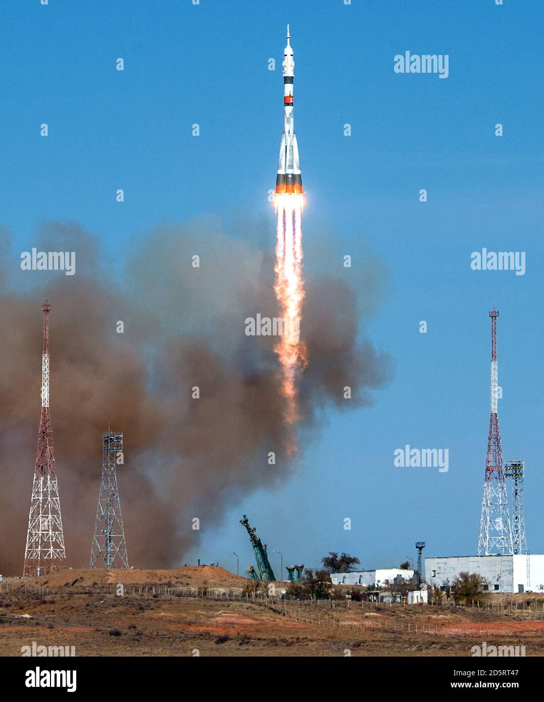 Baikonur, Kazakhstan. 14th Oct, 2020. The Soyuz MS-17 rocket is launched with Expedition 64 Russian cosmonauts Sergey Ryzhikov and Sergey Kud-Sverchkov of Roscosmos and NASA astronaut Kate Rubins, on October 14, 2020, at the Baikonur Cosmodrome in Kazakhstan. Ryzhikov, Kud-Sverchkov, and Rubins launched at 1:45 a.m. EDT to begin a six-month mission onboard the International Space Station. Photo by Andrey Shelepin/GCTC/NASA/UPI Credit: UPI/Alamy Live News Stock Photo