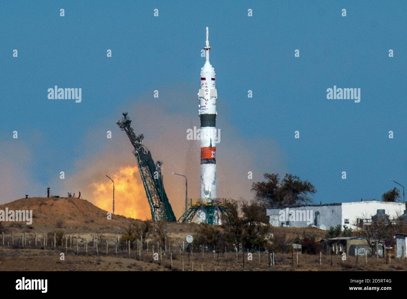 Baikonur, Kazakhstan. 14th Oct, 2020. The Soyuz MS-17 rocket is launched with Expedition 64 Russian cosmonauts Sergey Ryzhikov and Sergey Kud-Sverchkov of Roscosmos and NASA astronaut Kate Rubins, on October 14, 2020, at the Baikonur Cosmodrome in Kazakhstan. Ryzhikov, Kud-Sverchkov, and Rubins launched at 1:45 a.m. EDT to begin a six-month mission onboard the International Space Station. Photo by Andrey Shelepin/GCTC/NASA/UPI Credit: UPI/Alamy Live News Stock Photo