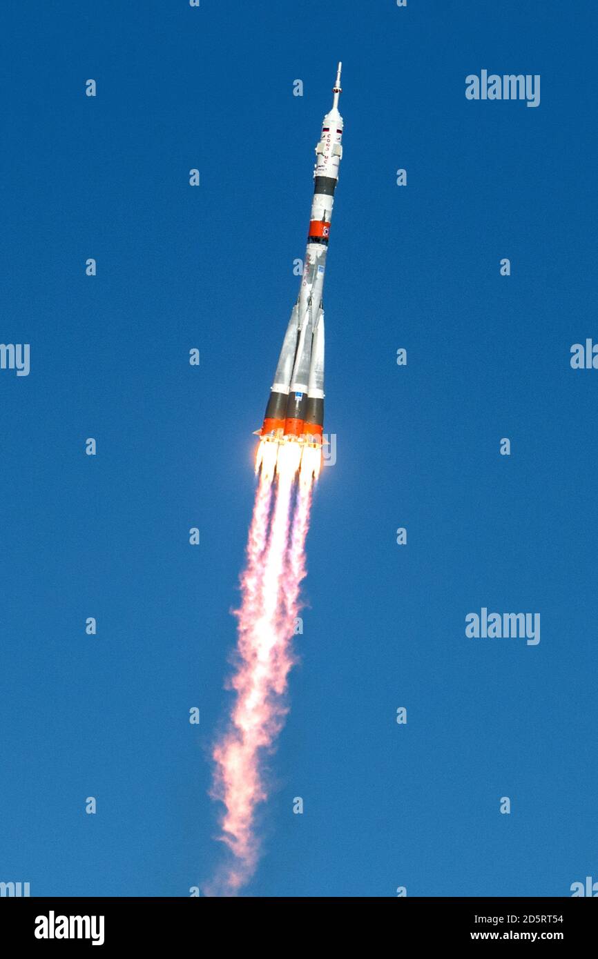 Baikonur, Kazakhstan. 14th Oct, 2020. The Soyuz MS-17 rocket is launched with Expedition 64 Russian cosmonauts Sergey Ryzhikov and Sergey Kud-Sverchkov of Roscosmos and NASA astronaut Kate Rubins, on October 14, 2020, at the Baikonur Cosmodrome in Kazakhstan. Ryzhikov, Kud-Sverchkov, and Rubins launched at 1:45 a.m. EDT to begin a six-month mission onboard the International Space Station. Photo by Andrey Shelepin/GCTC/NASA/UPI Credit: UPI/Alamy Live News Stock Photo